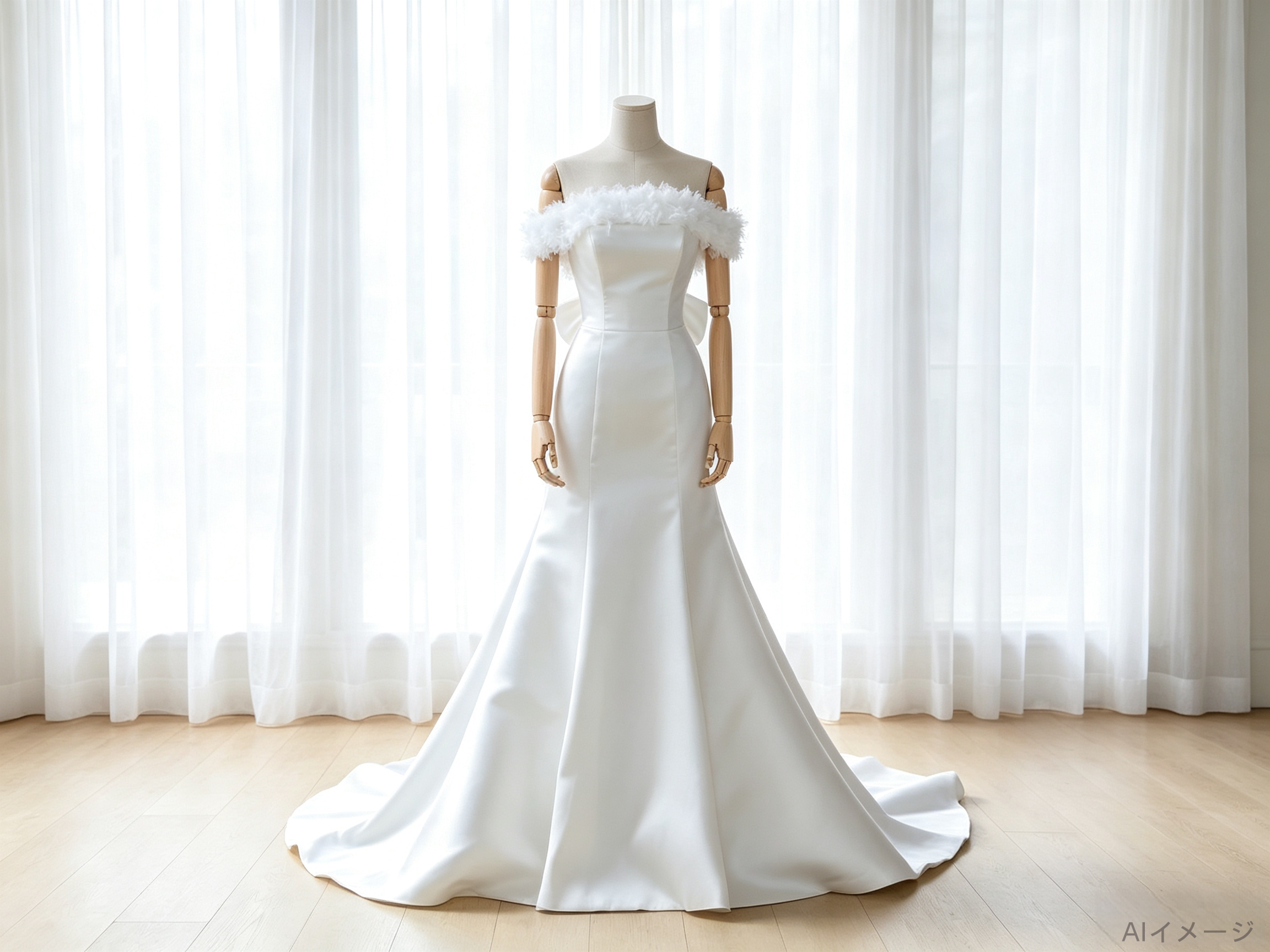 ウェディングドレス オフショルダー マーメイドライン ミニトレーン 豪華なバックリボン 結婚式