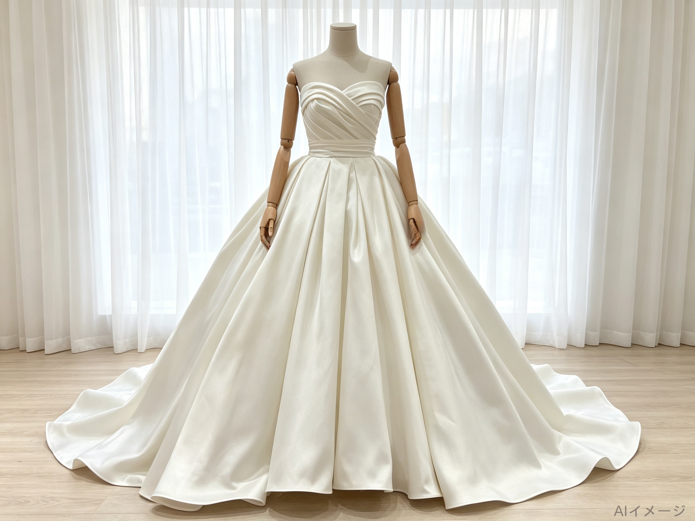 エレガント ウエディングドレス ベアトップ ロイヤルサテン ロングトレーン 豪華なバックリボン 結婚式