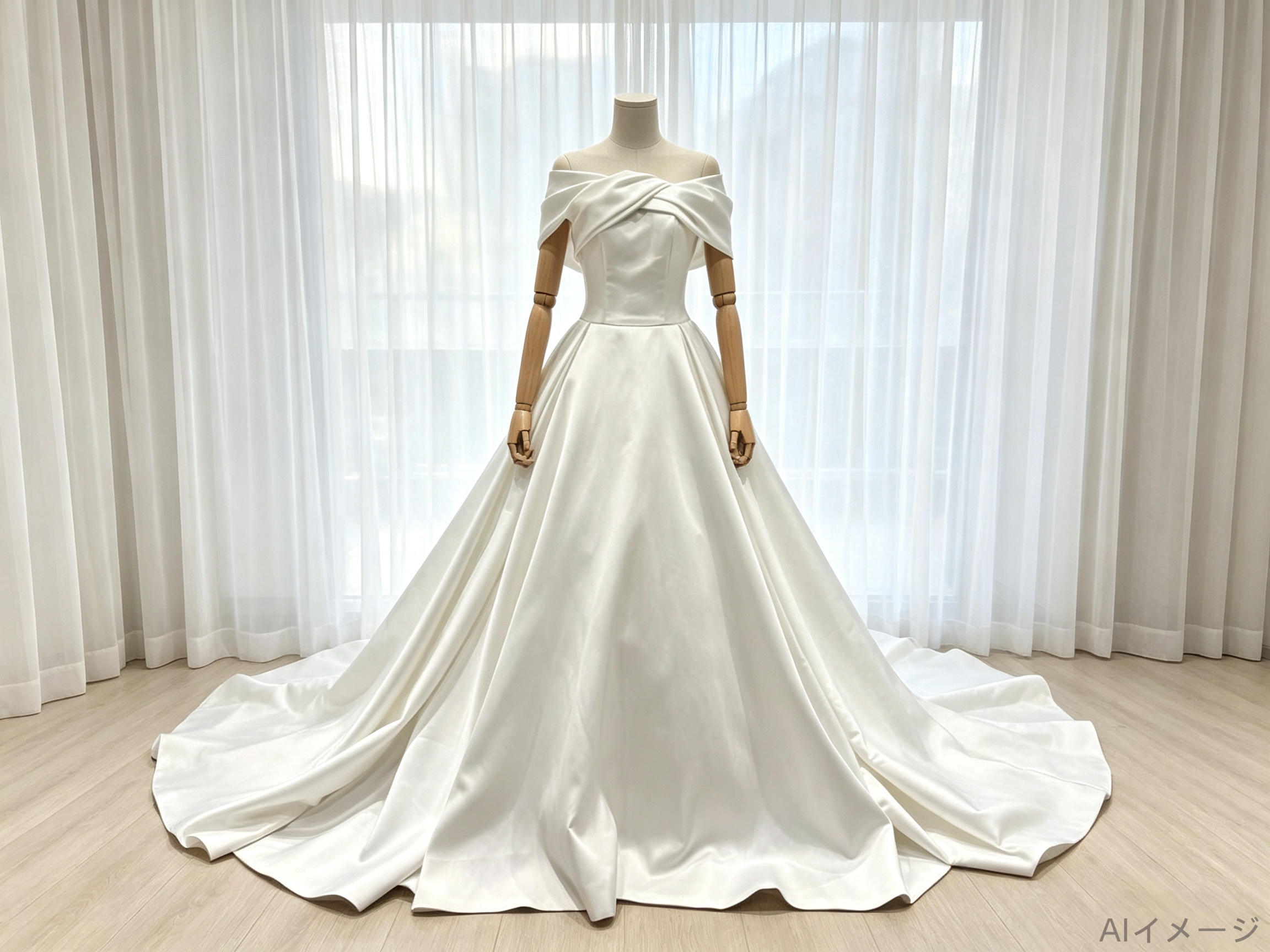 ウエディングドレス オフショルダー ロイヤルサテン ハンドドレープ ロングトレーン 結婚式