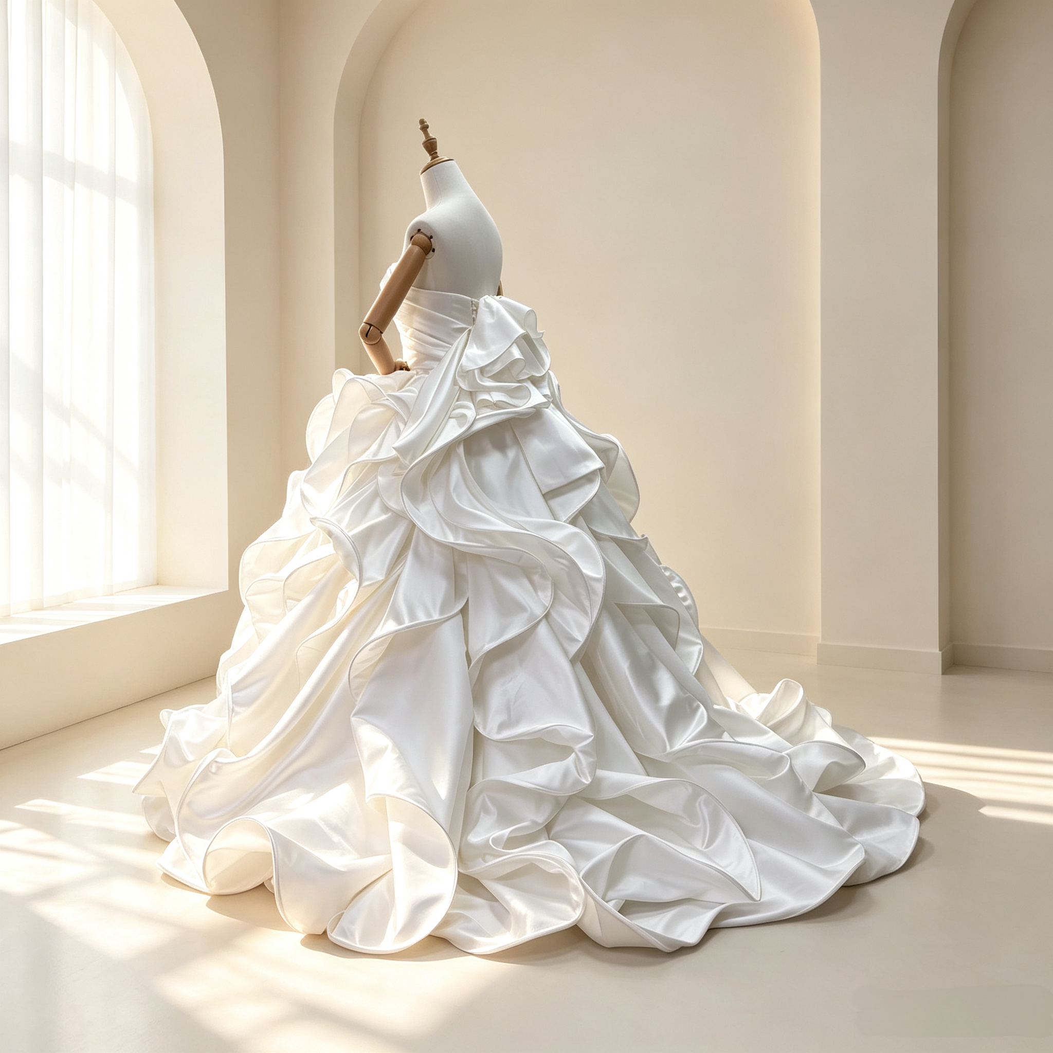 豪華！ウエディングドレス ベアトップ ラッフルフリル ロイヤルサテン ボリュームドレス 結婚式