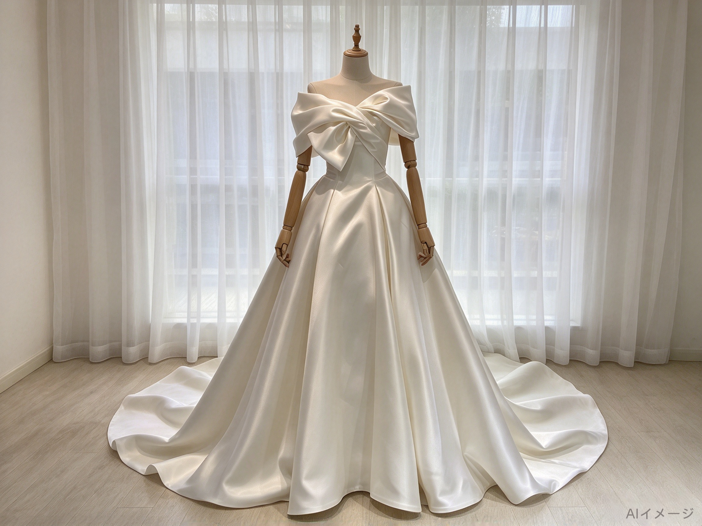 高品質！ウエディングドレス オフショルダー デザイン感 ハンドドレープ ロングトレーン 結婚式