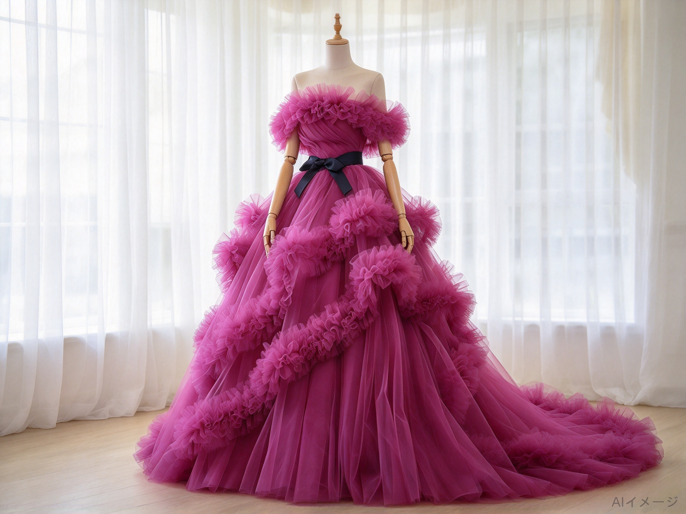 カラードレス ビビッドピンク オフショルダー ラッフルフリル 優雅なシルエット ソフトチュール 花嫁