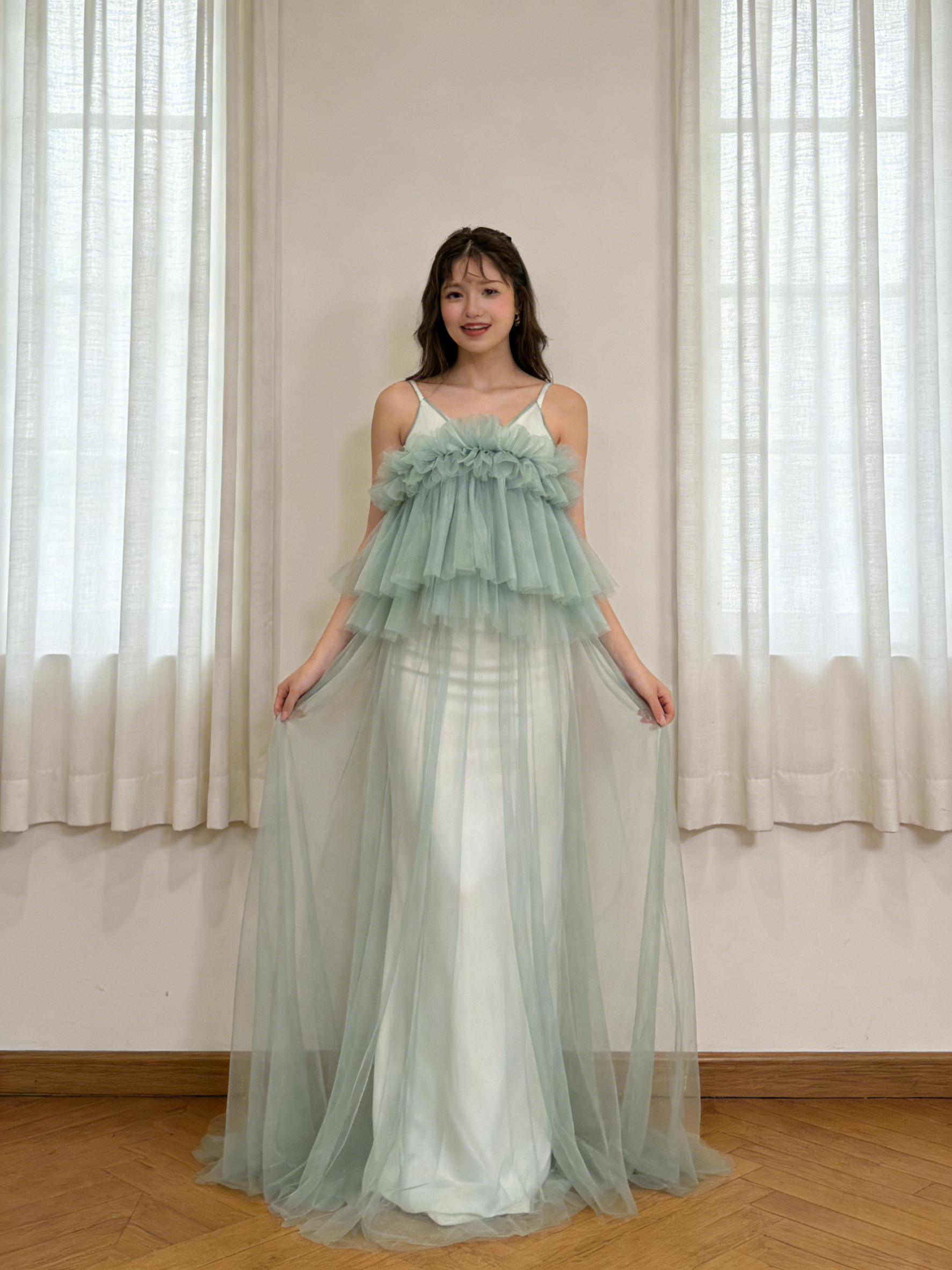 パーティードレス ミントグリーン 2ways キャミソール ふわふわドレス マタニティ 前撮り