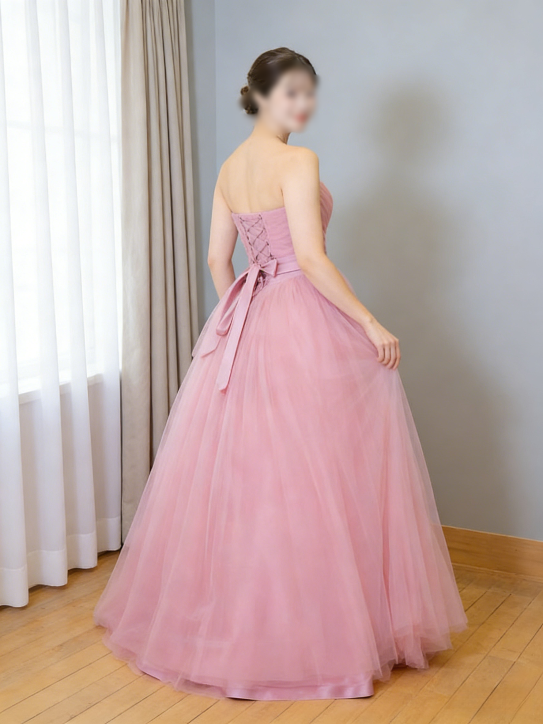 カラードレス ピンク チュールスカート サッシュベルト 細見えシルエット ロング 編み上げ 演奏会