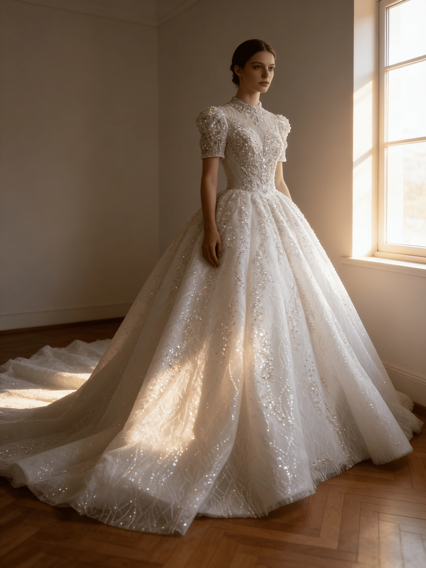 豪華！ウェディングドレス 韓国風ドレス 短袖 キラキラ光る刺繍 背中見せ 華やかなトレーン ボリュームドレス 結婚式