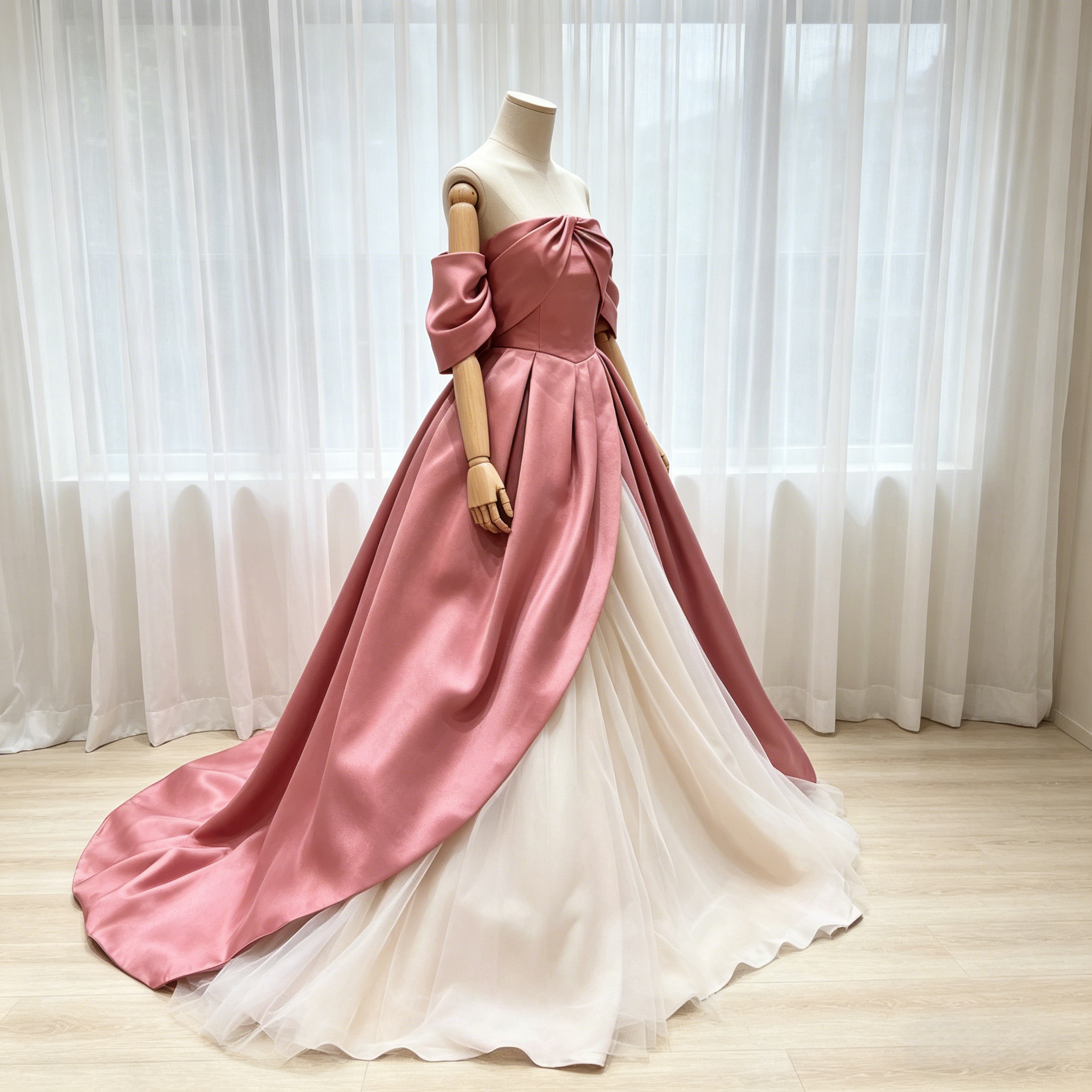 カラードレス オフホワイト 薄桃色 光沢サテン パフスリーブ ソフトチュール 豪華なバックリボン 花嫁