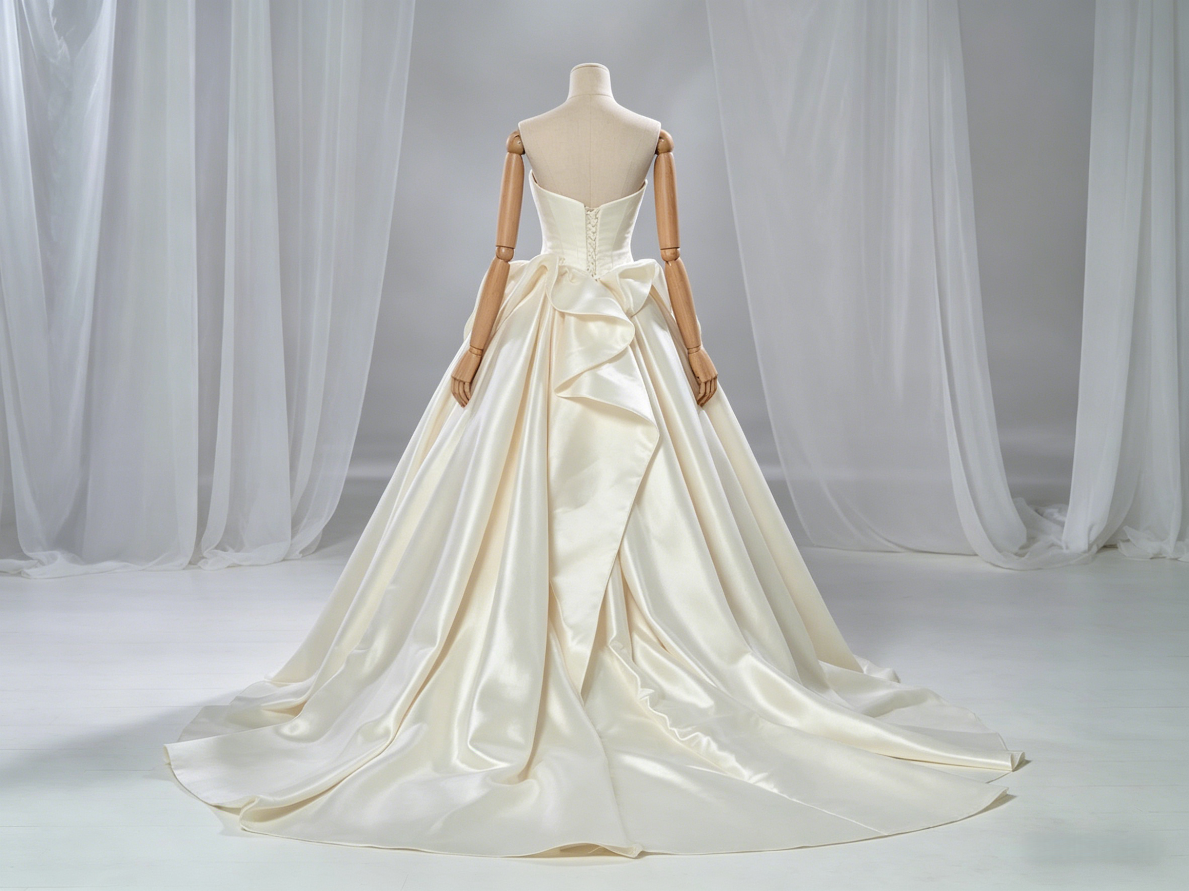 ウェディングドレス ベアトップ ロイヤルサテン ハンドドレープ フレアスカート 編み上げ 結婚式