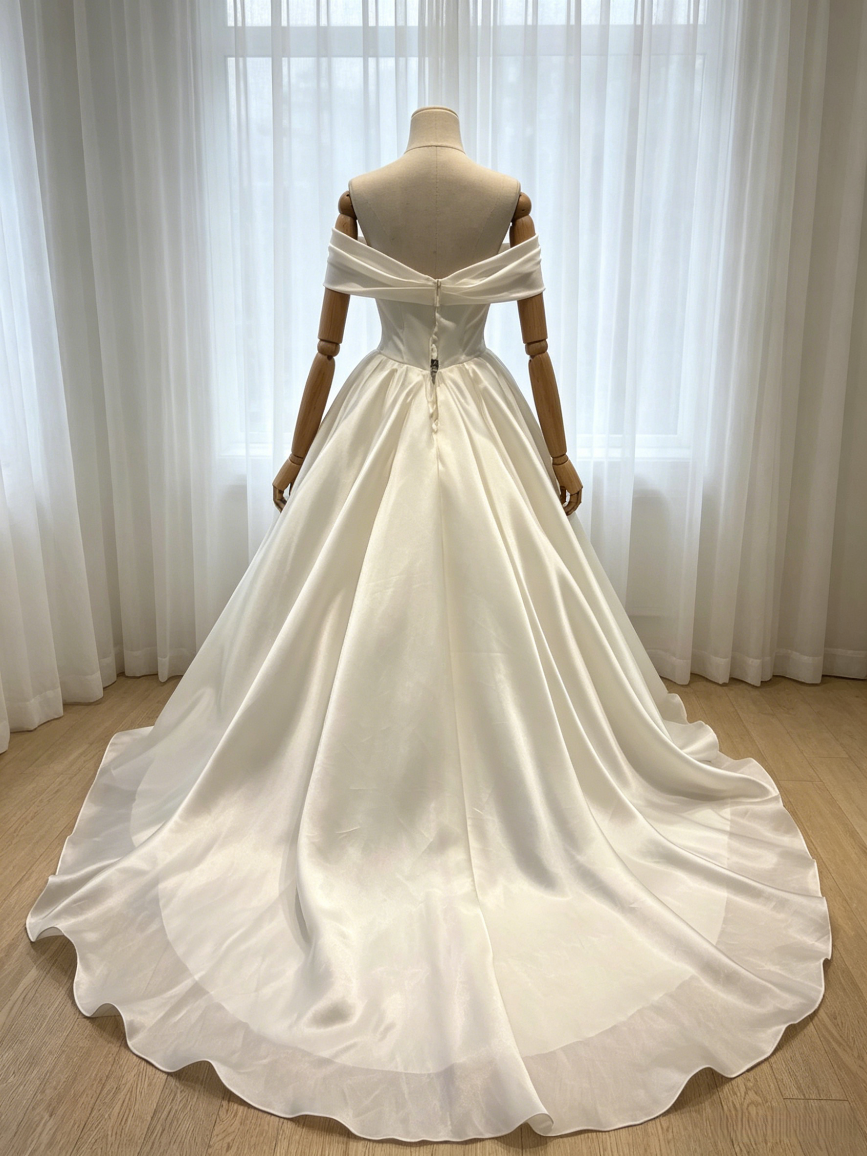 ウエディングドレス オフショルダー ソフトオーガンジー ハンドドレープ ロングトレーン 結婚式
