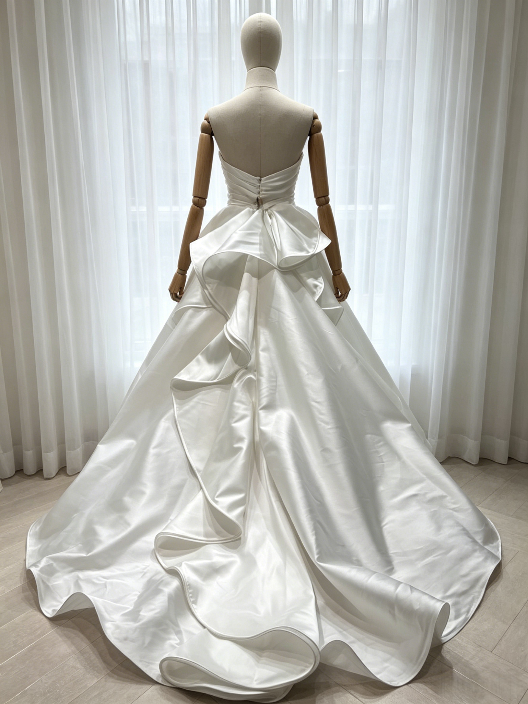 ウエディングドレス ベアトップ ハンドドレープ デザイン感 ふっくら柔らかなバックリボン 結婚式