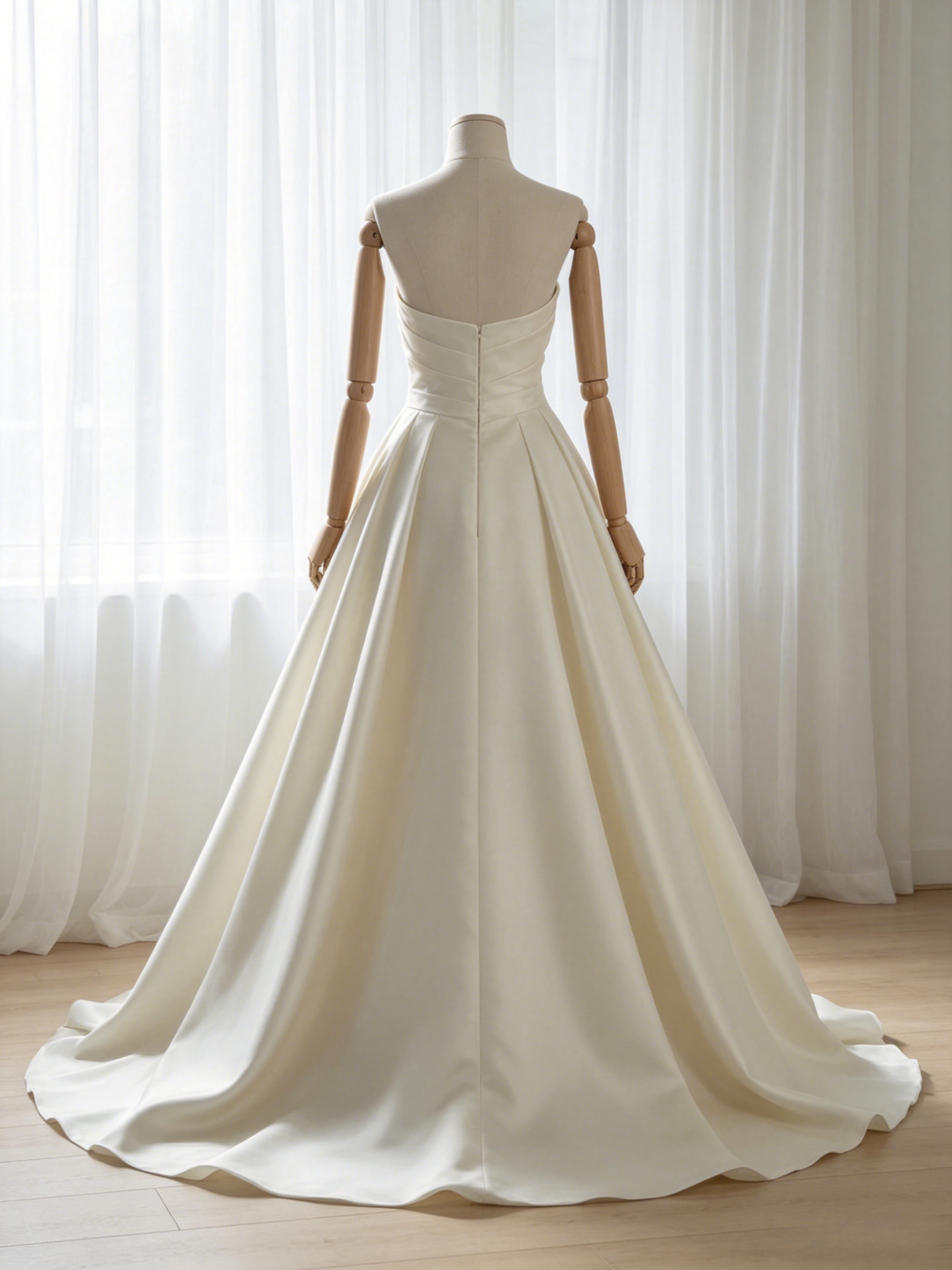 ウェディングドレス ベアトップ ハンドドレープ 短トレーン ファスナー フランス風 結婚式