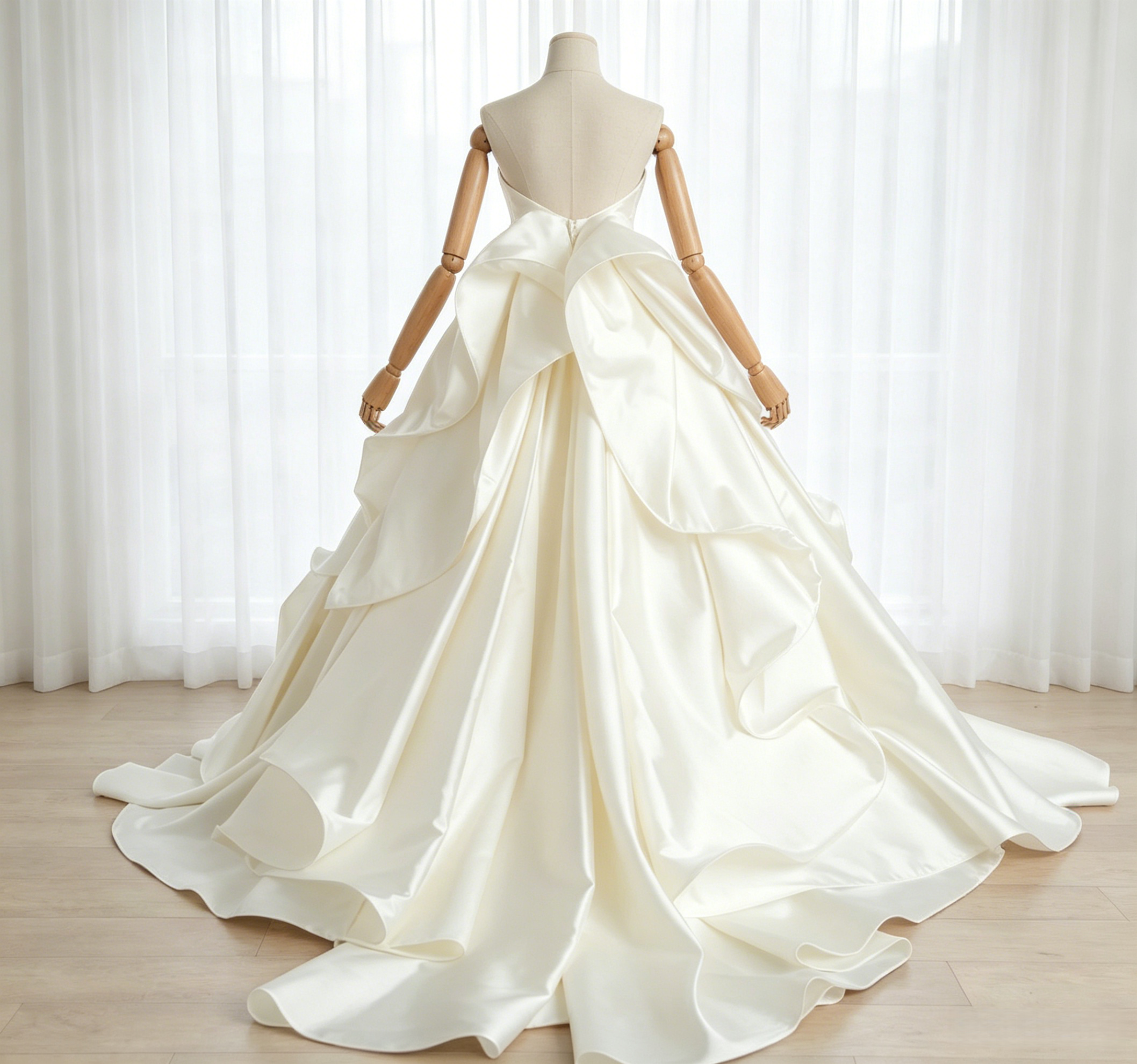 高品質！ウェディングドレス ベアトップ フレアスカート ラッフルフリル 豪華なバックリボン 結婚式