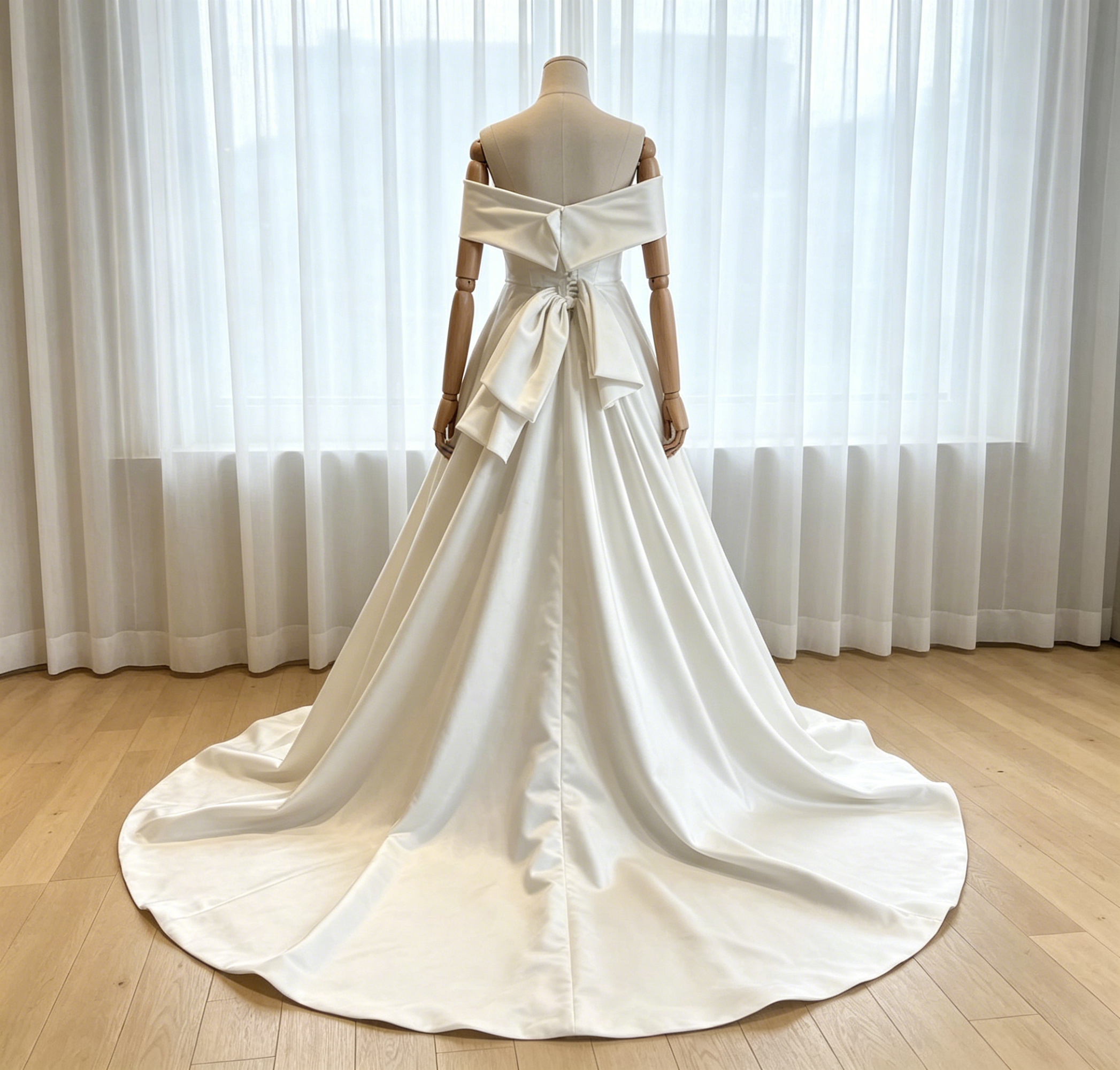 フランス風 ウェディングドレス オフショルダー バックリボン ロイヤルサテン ロングトレーン 結婚式