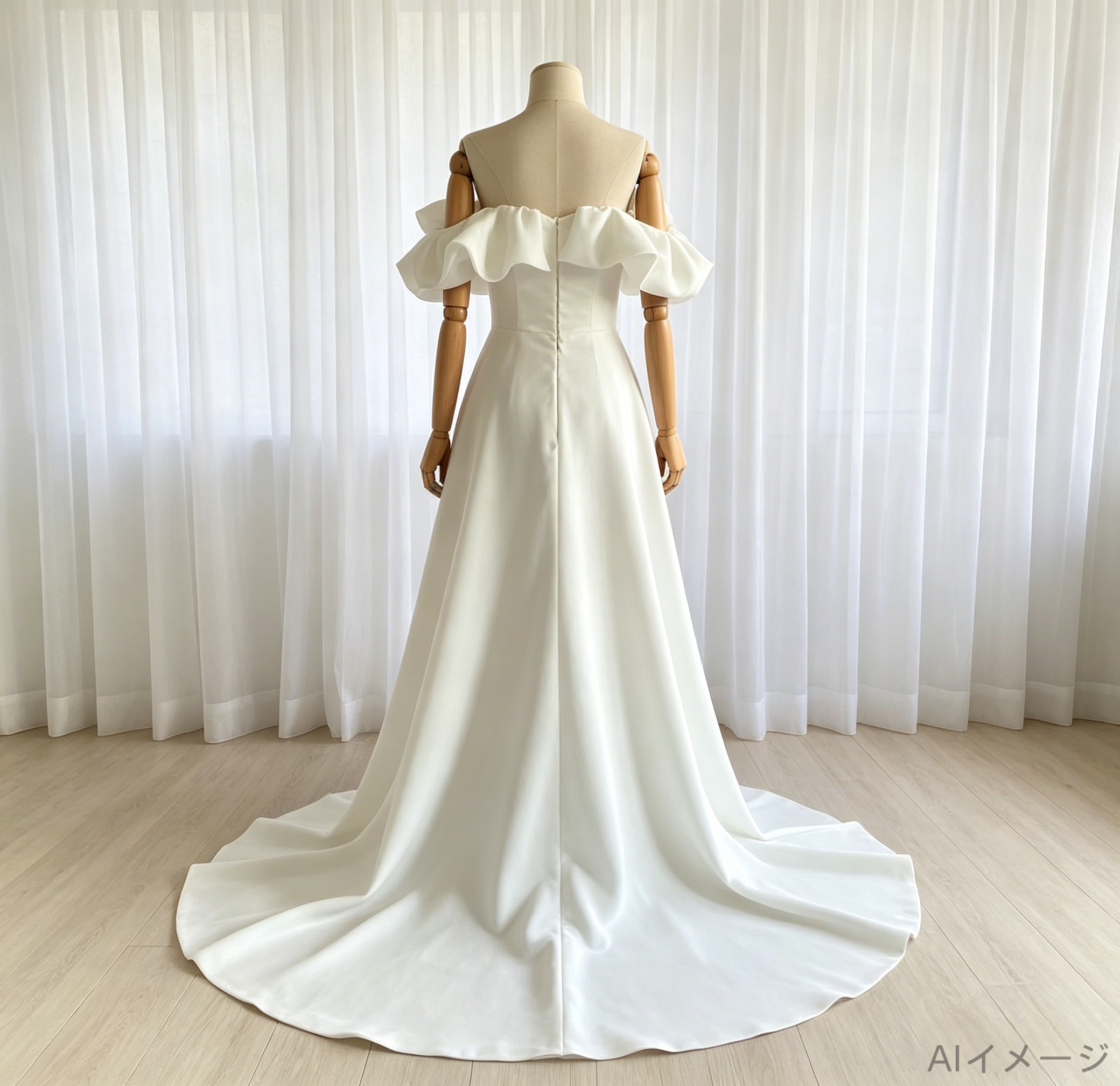 フランス風 ウェディングドレス オフショルダー ハンドドレープ ロイヤルサテン 短トレーン 結婚式