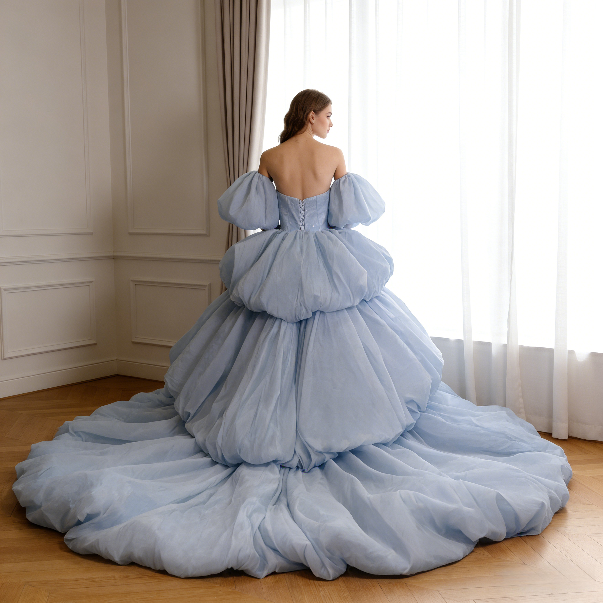 カラードレス ライトブルー ベアトップ キラキラチュール パフスリーブ ラッフルフリル 前撮り 二次会