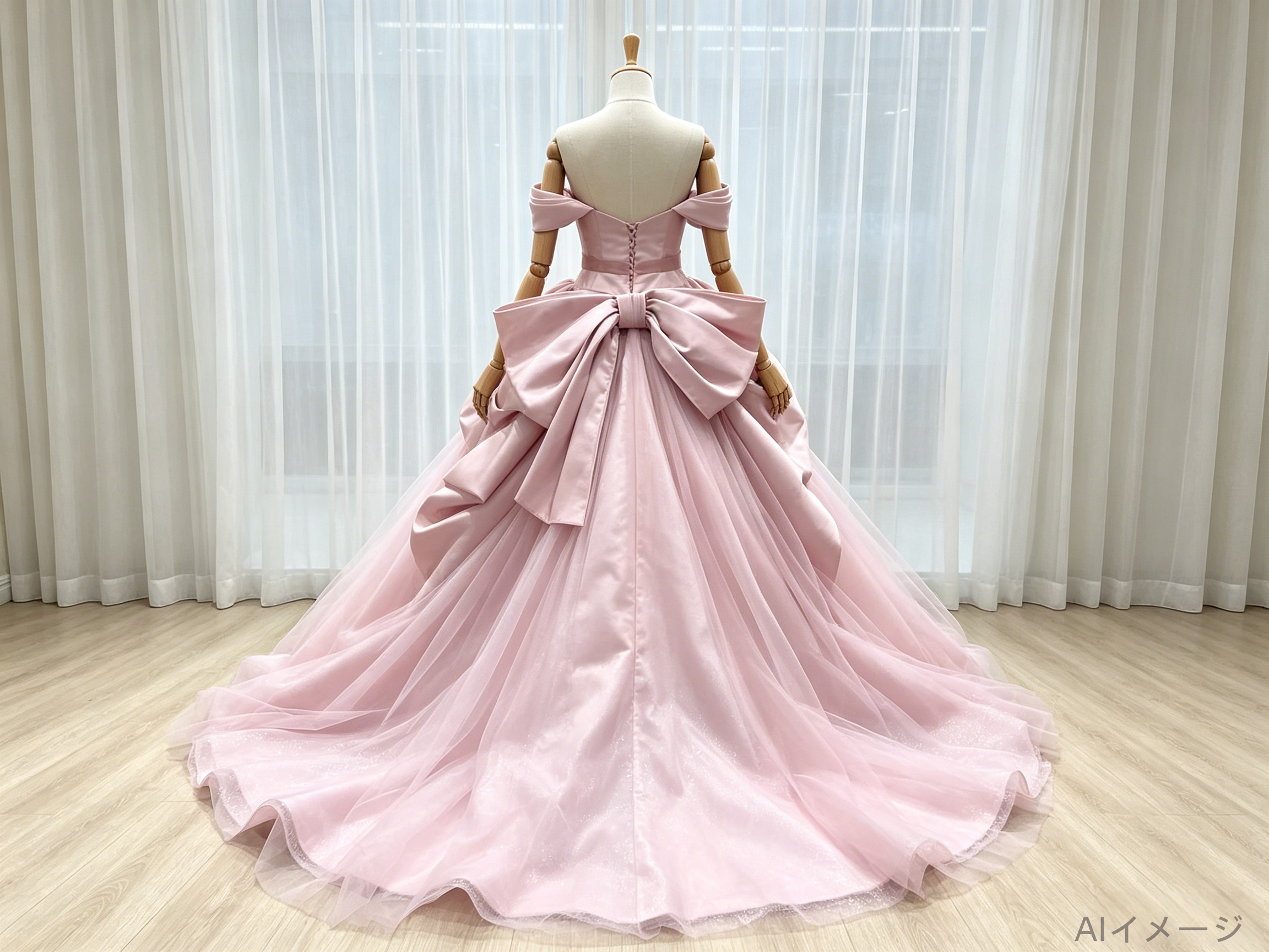 カラードレス 薄桃色 オフショルダー ラッフルフリル フレアスカート 豪華なバックリボン 花嫁