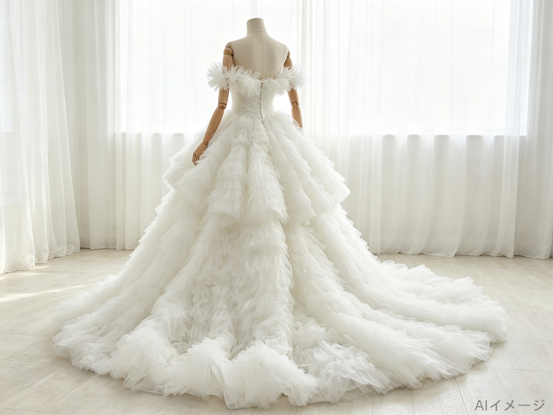 フランス風 ウエディングドレス オフショルダー 柔らかく重ねたチュールスカート 優雅なシルエット 結婚式