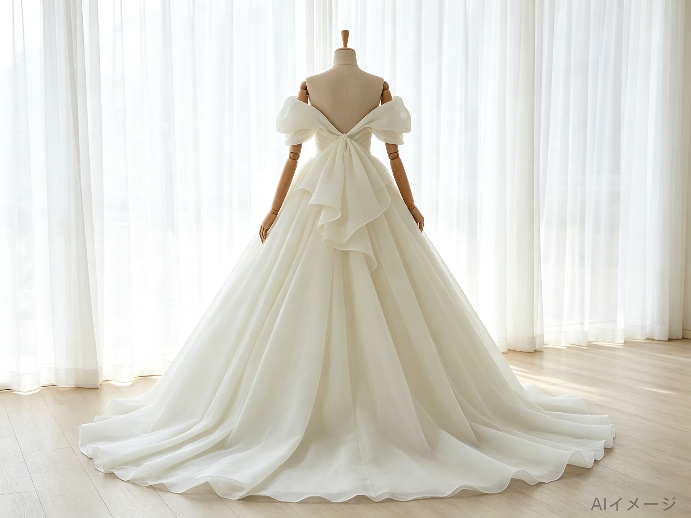 エレガント ウエディングドレス オフショルダー ハンドドレープ プリンセスライン リボン 結婚式