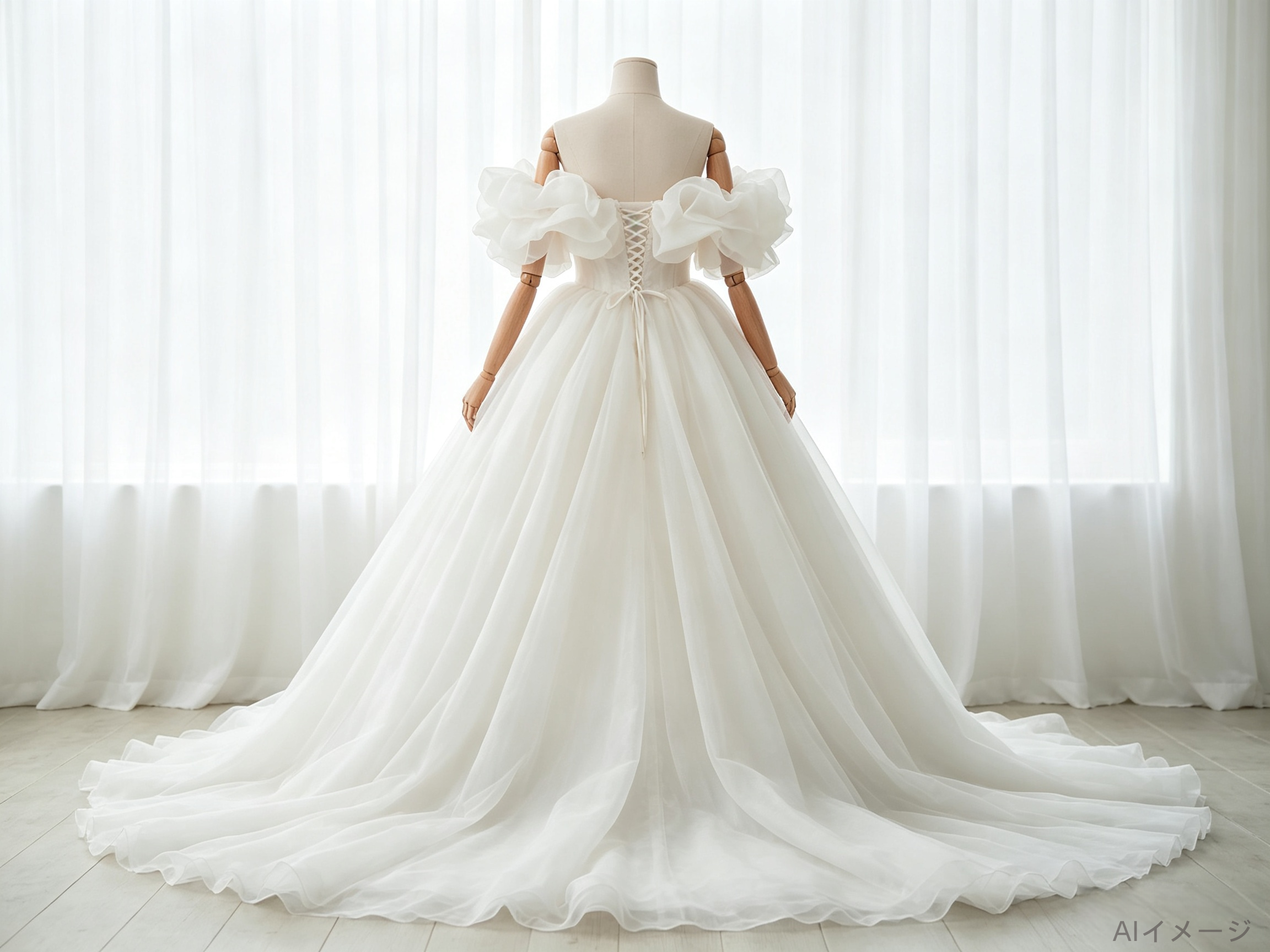 ウエディングドレス オフショルダー ラッフルフリル フレアスカート ソフトオーガンジー 結婚式