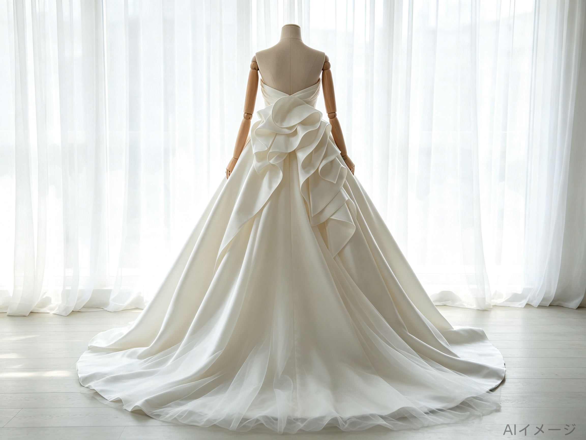 ウエディングドレス ベアトップ ふっくら柔らかなバックリボン ラッフルフリル エレガント 結婚式