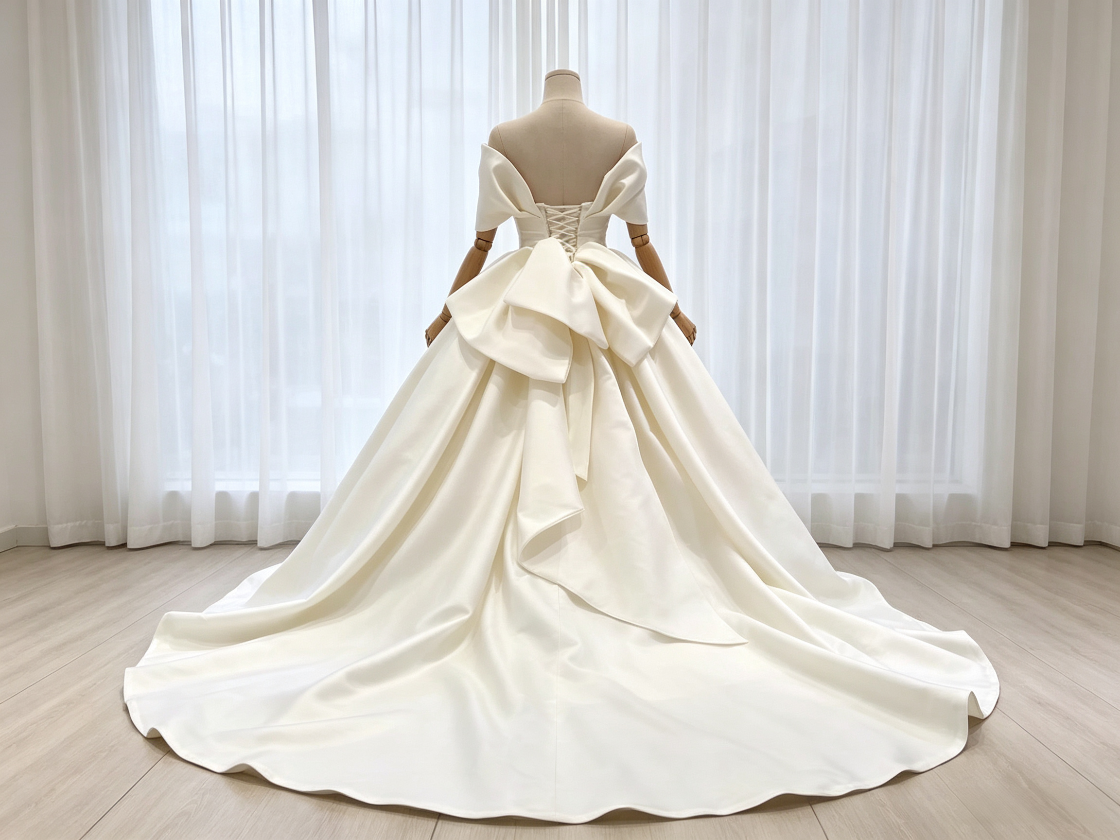 ウエディングドレス オフショルダー ハンドドレープ ロイヤルサテン 豪華なバックリボン ロングトレーン 拳式