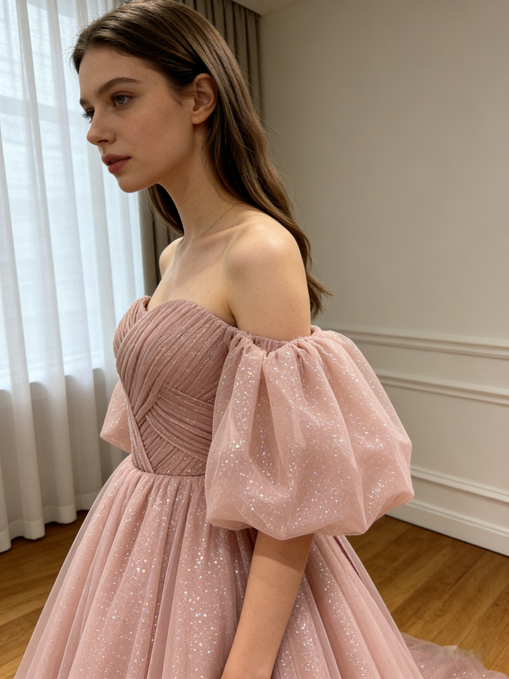 カラードレス ローズピンク ベアトップ パフスリーブ キラキラチュール ロングトレーン 編み上げ 花嫁