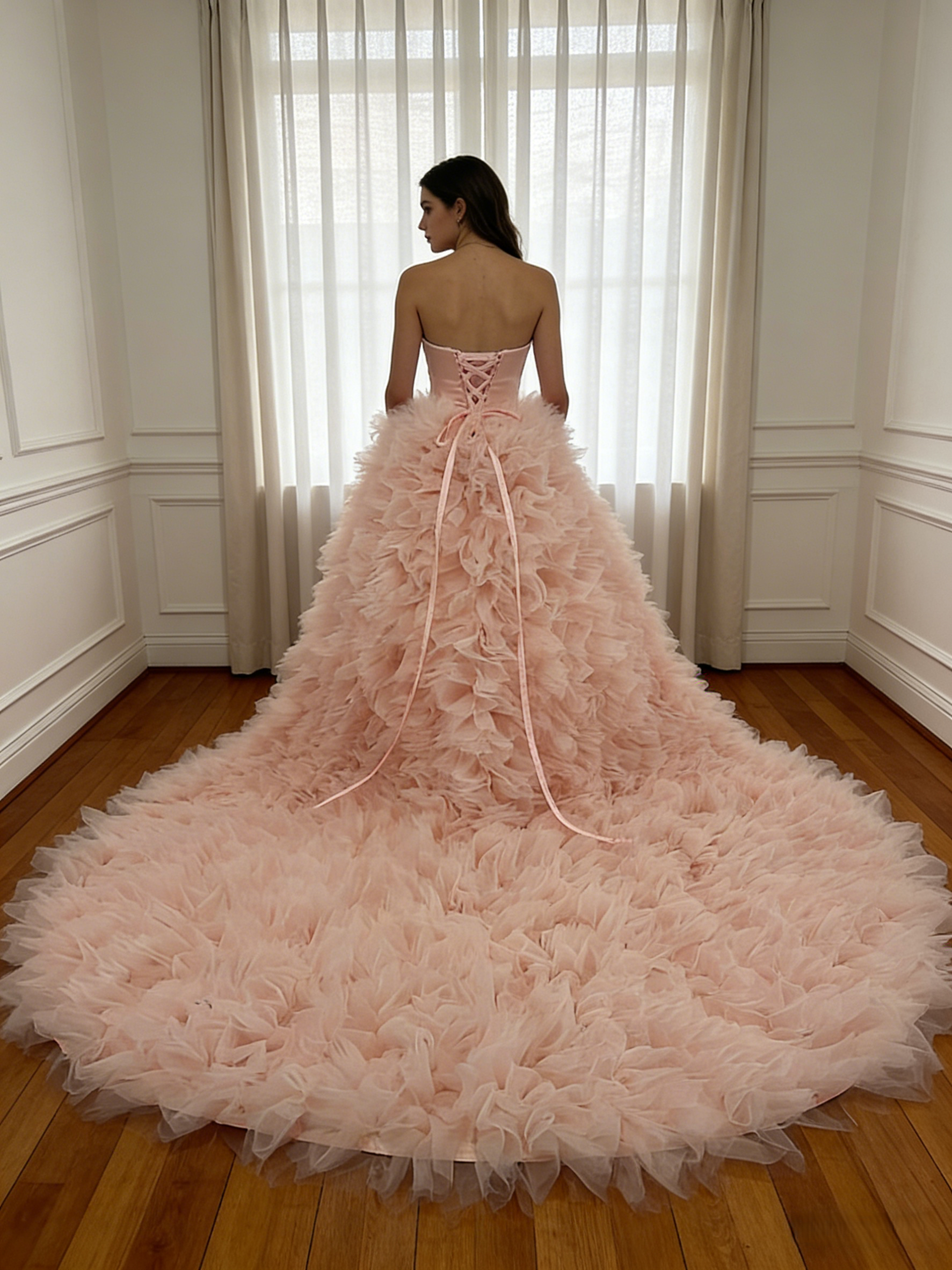 豪華！カラードレス ピンク ベアトップ ラッフルフリル 可愛い 編み上げ ボリュームドレス 前撮り