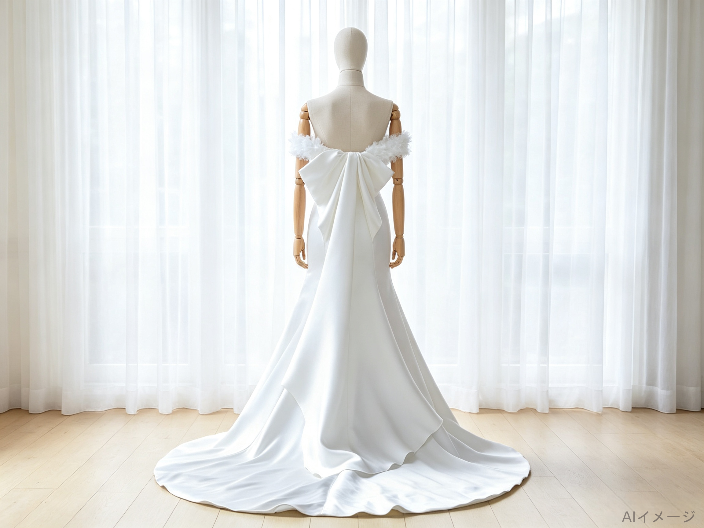 ウェディングドレス オフショルダー マーメイドライン ミニトレーン 豪華なバックリボン 結婚式
