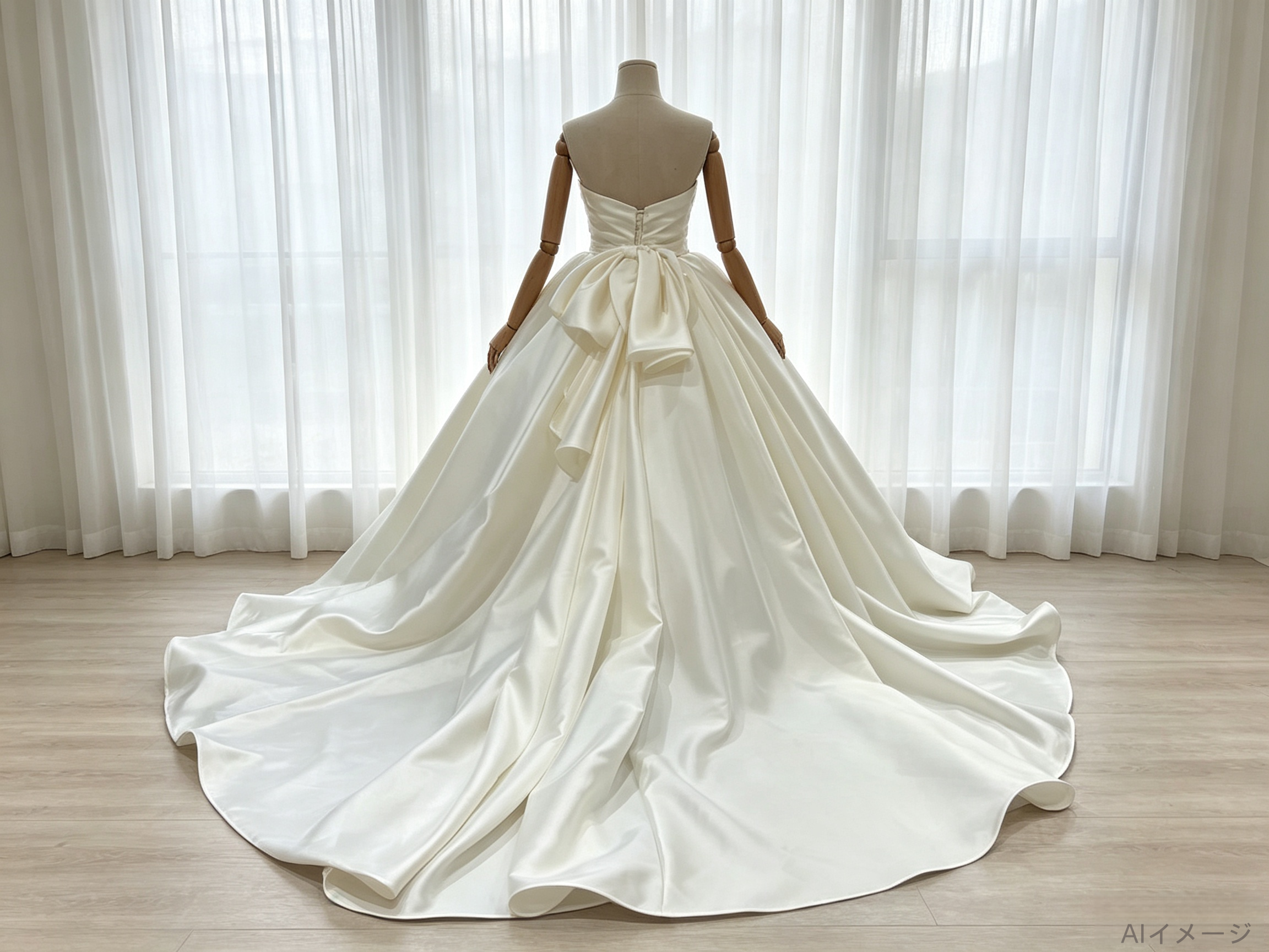 エレガント ウエディングドレス ベアトップ ロイヤルサテン ロングトレーン 豪華なバックリボン 結婚式