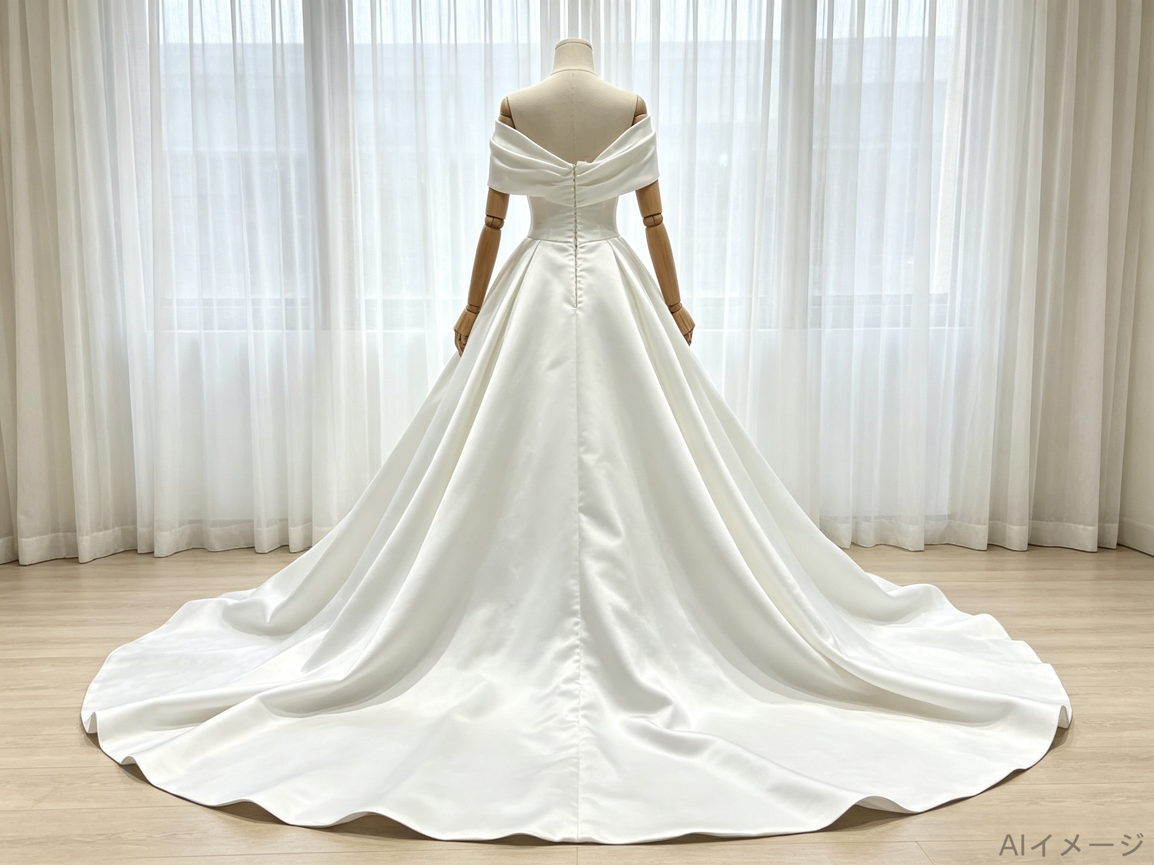 ウエディングドレス オフショルダー ロイヤルサテン ハンドドレープ ロングトレーン 結婚式