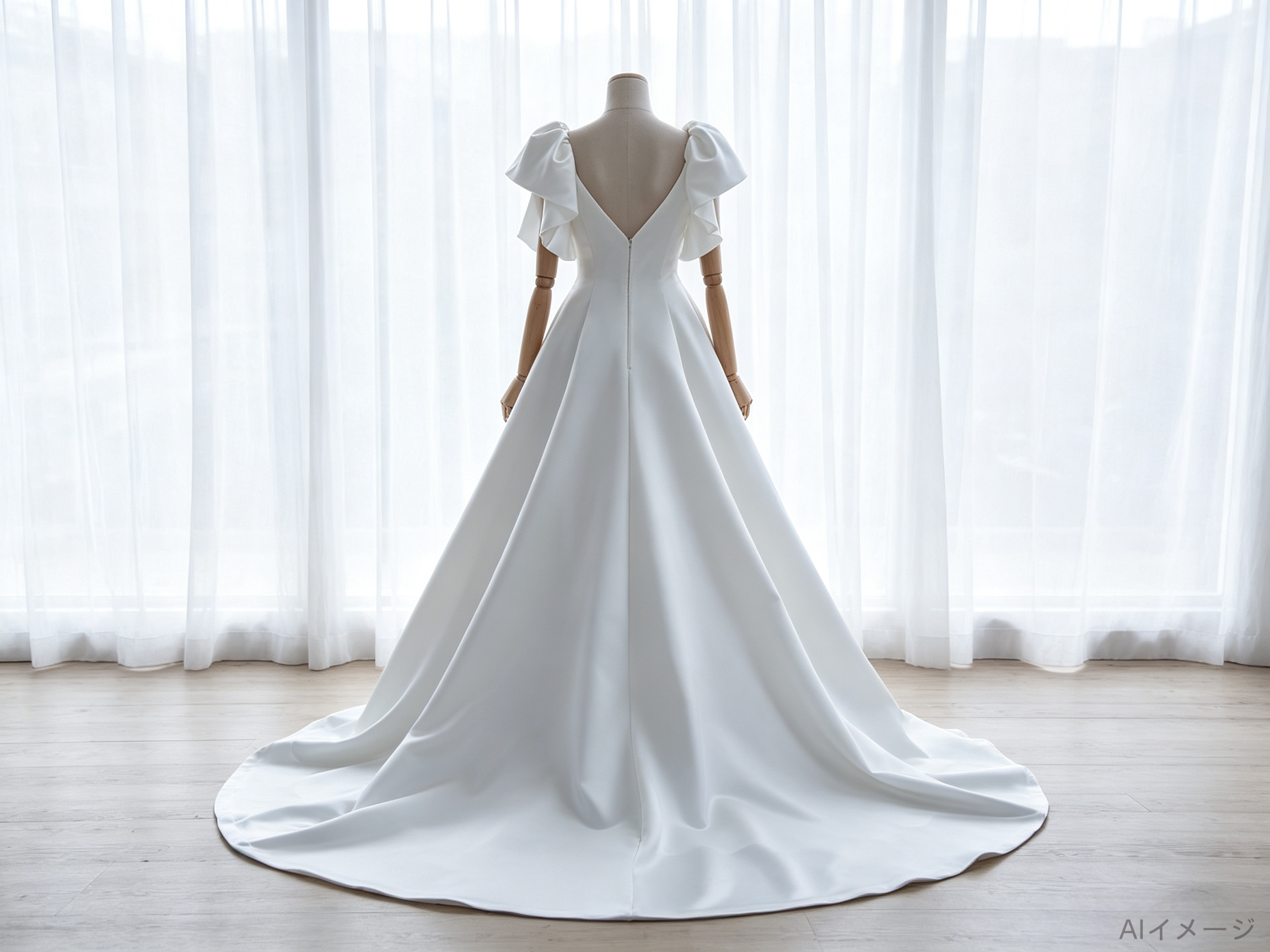 上品！ウエディングドレス Vネック フリル袖 背中見せ ロイヤルサテン 優雅なシルエット 結婚式