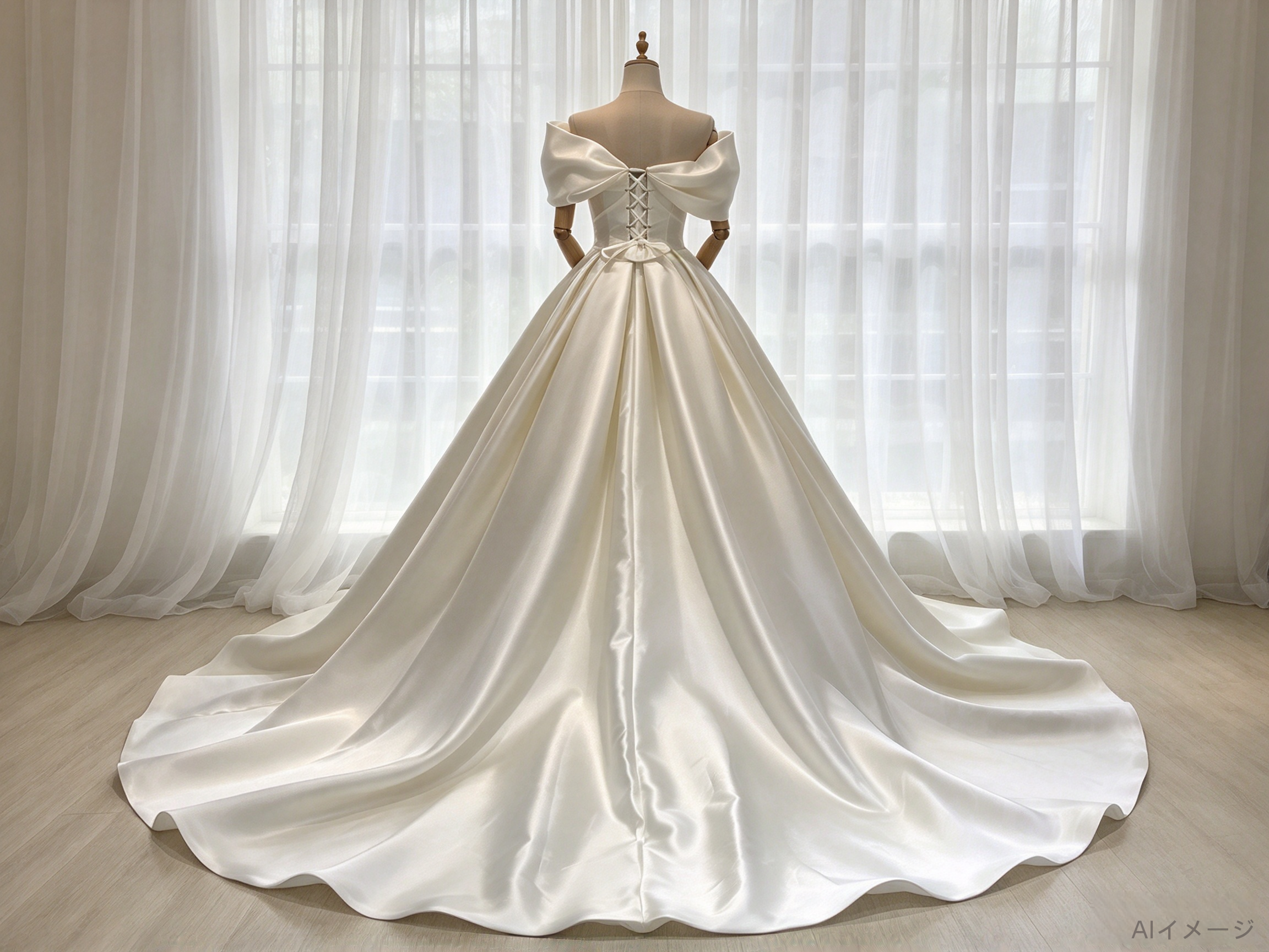 高品質！ウエディングドレス オフショルダー デザイン感 ハンドドレープ ロングトレーン 結婚式