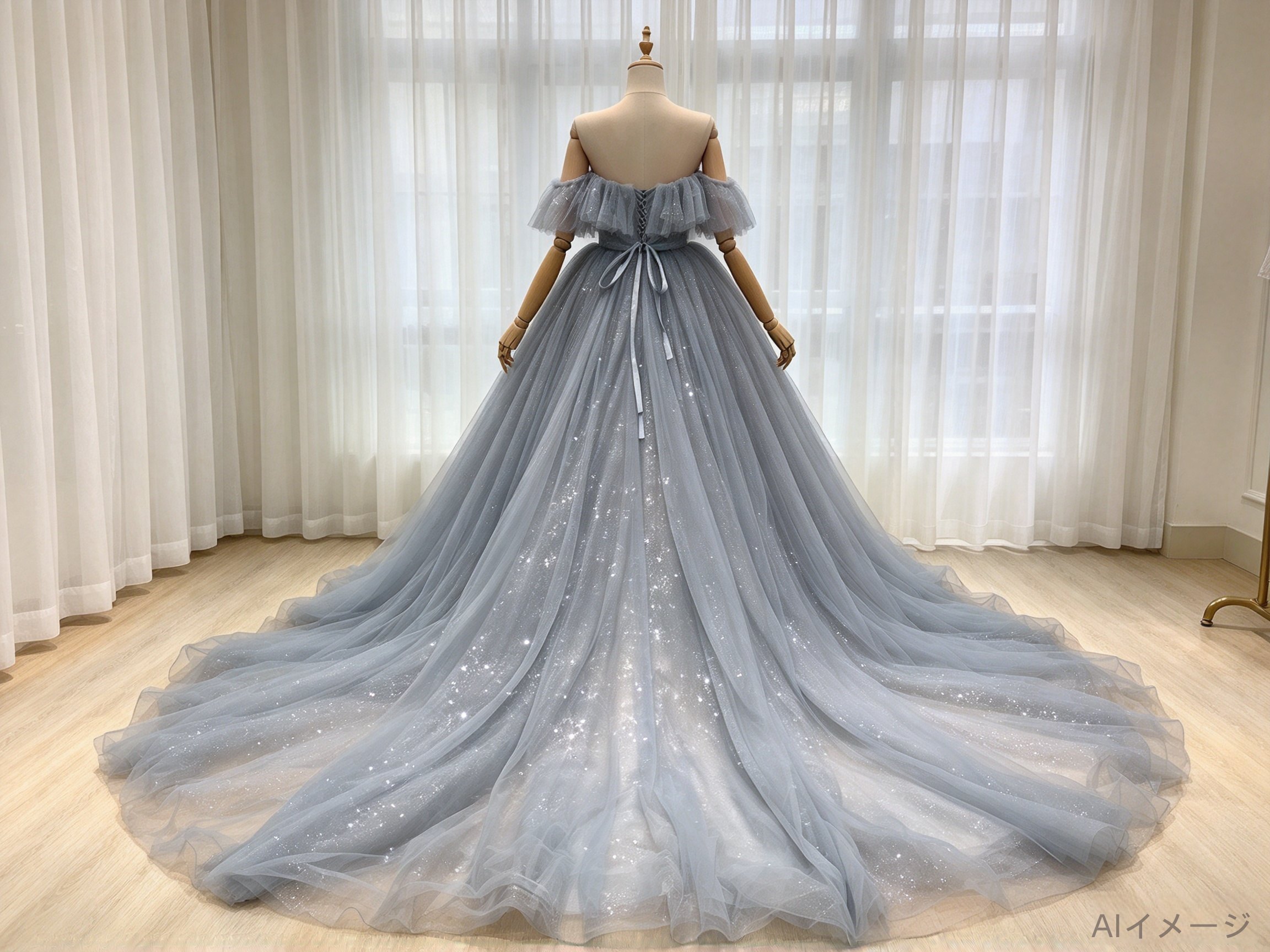 カラードレス ライトブルー オフショルダー シークインチュール プリンセスライン 憧れのドレス 花嫁