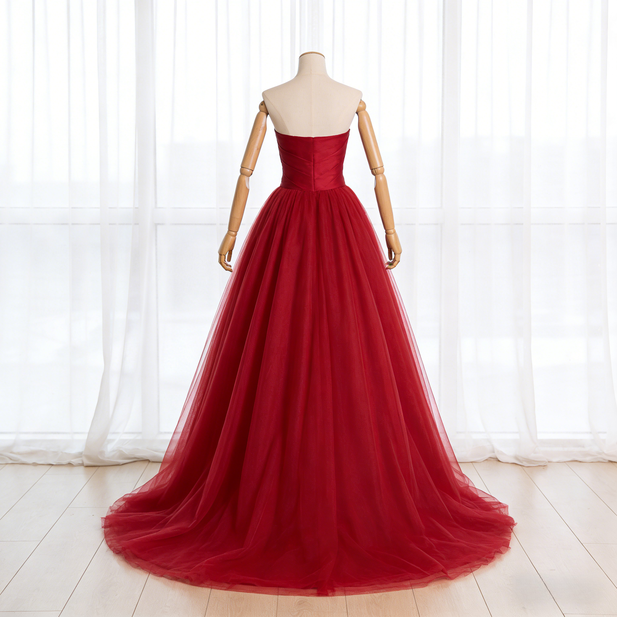 カラードレス ベアトップ チェリーピンク ラッフルフリル チュールスカート 大人っぽい 謝恩会