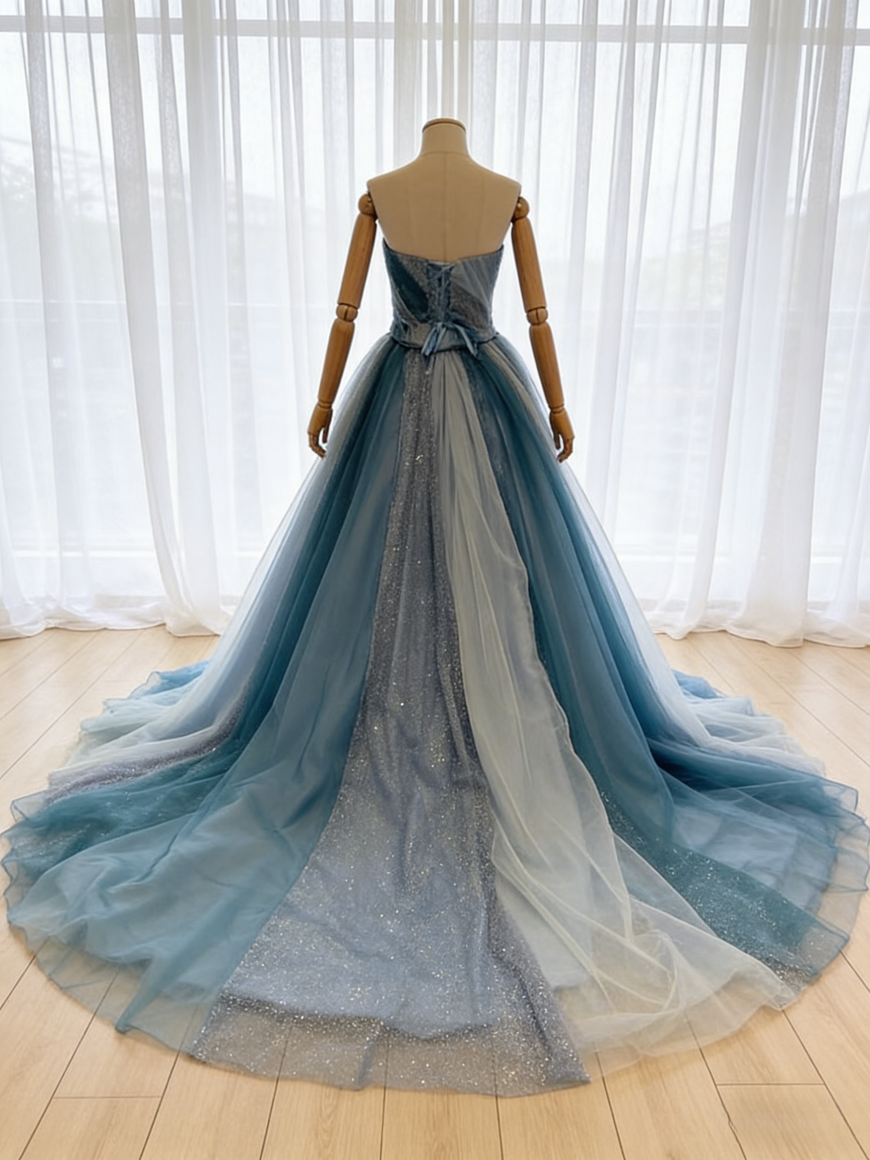 カラードレス ベアトップ ブルー グラデーション キラキラチュール 編み上げ フランス風 前撮り