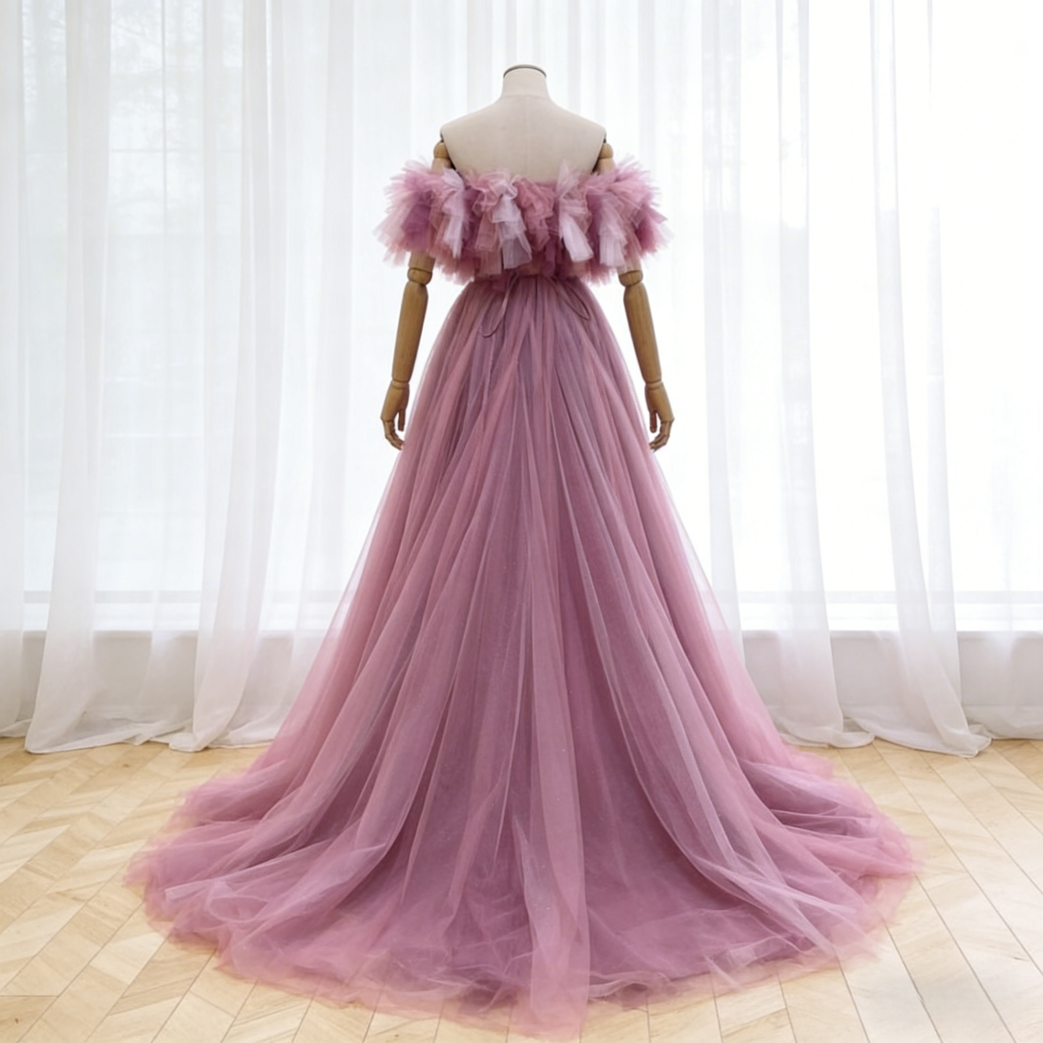 カラードレス ローズピンク オフショルダー グラデーション チュールスカート 編み上げ 花嫁