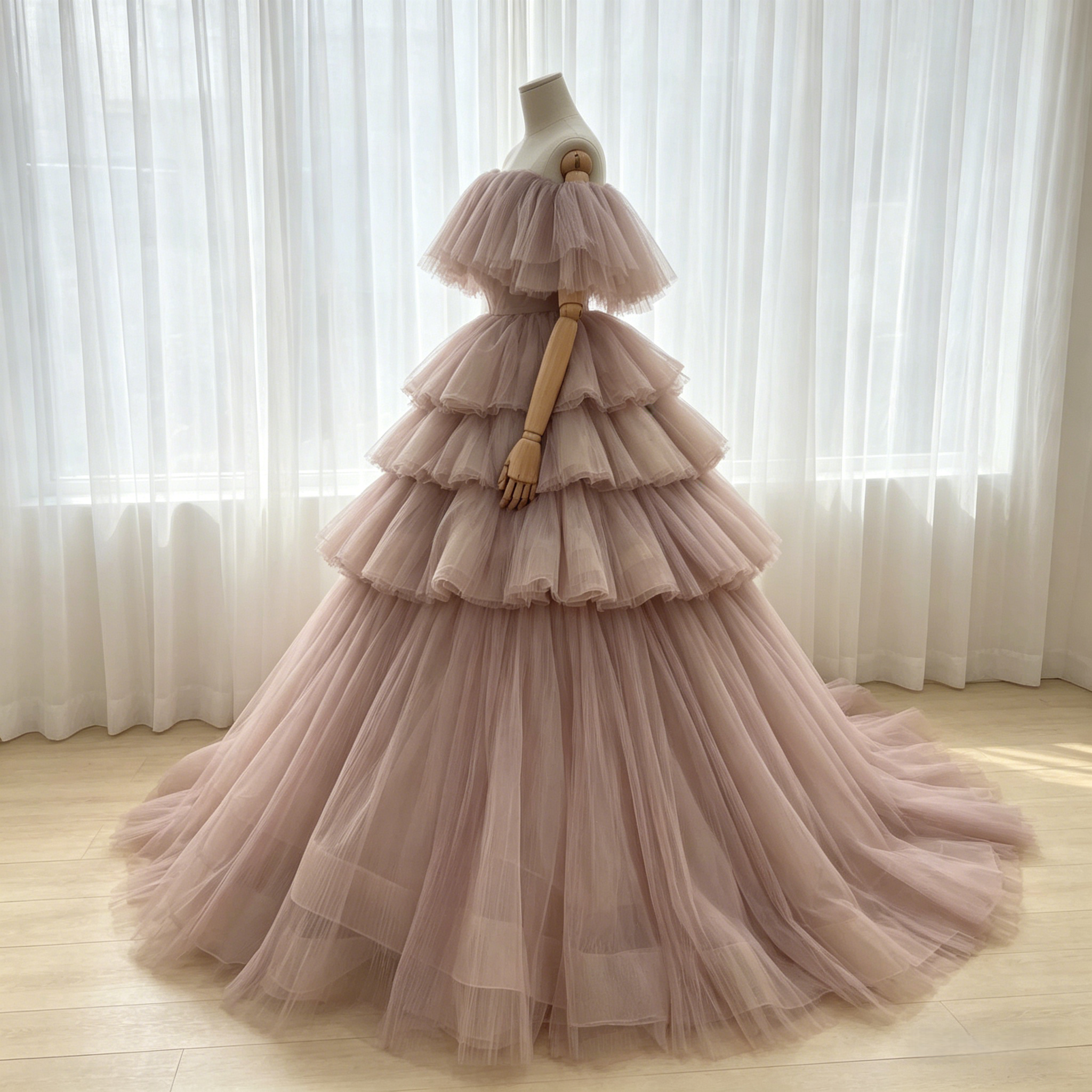 カラードレス 薄ピンク オフショルダー プリーツスカート ラッフルフリル ボリュームドレス 花嫁