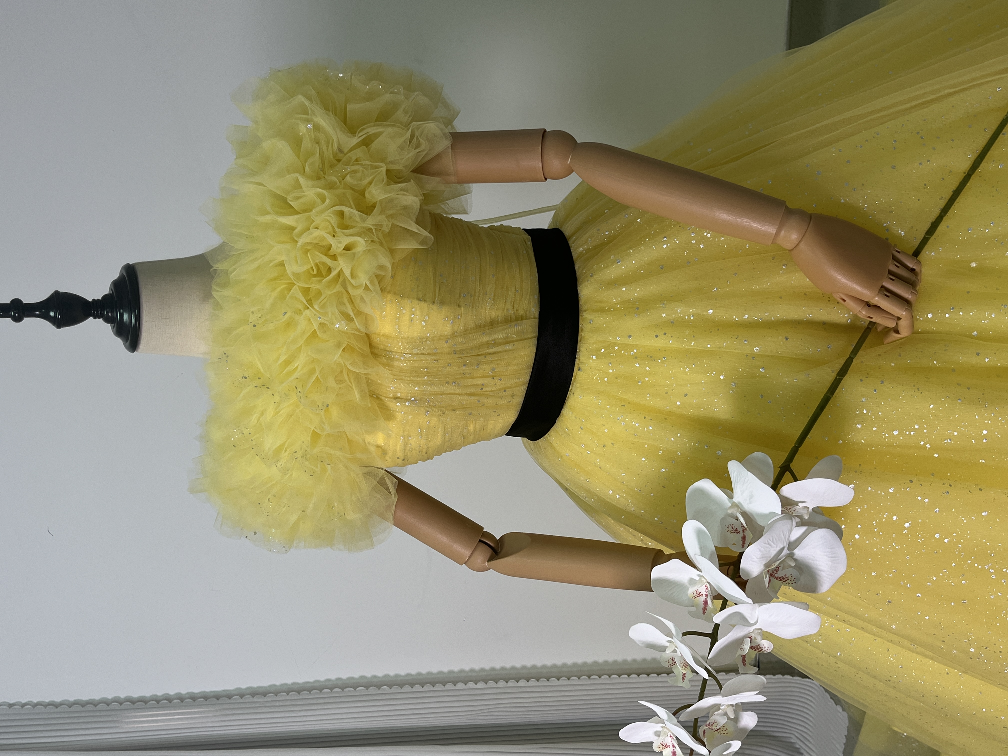 高品質！パーティードレス カナリーイエロー 取り外しオフショルダー キラキラチュール サッシュベルト 披露宴/前撮り