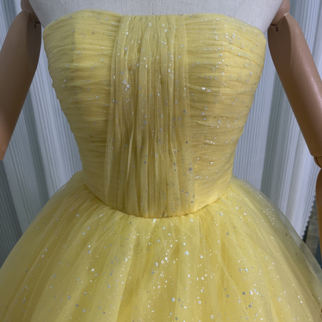 高品質！パーティードレス カナリーイエロー 取り外しオフショルダー キラキラチュール サッシュベルト 披露宴/前撮り