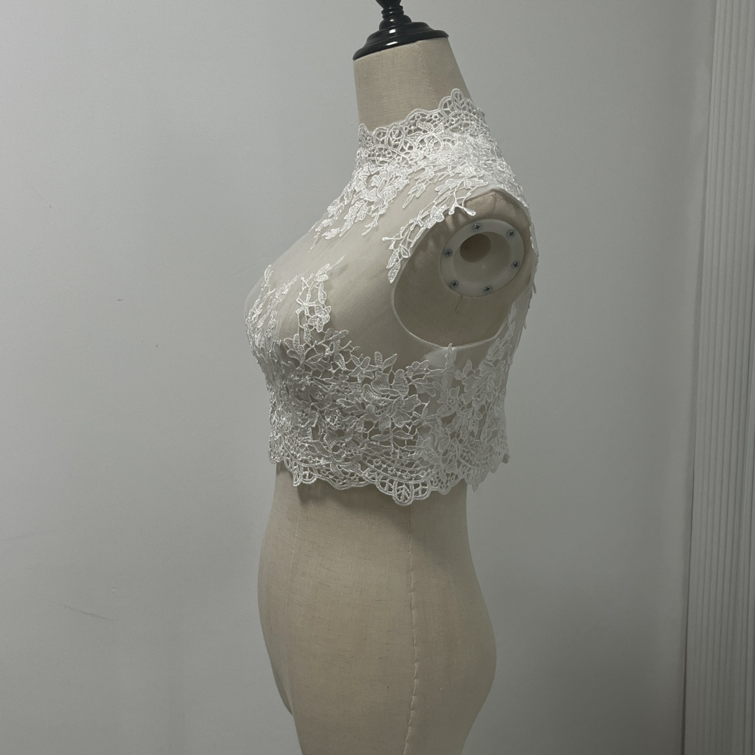 エレガント ボレロ ノースリーブ ハイネック くるみボタン 繊細レース 花嫁/ウェディングドレス