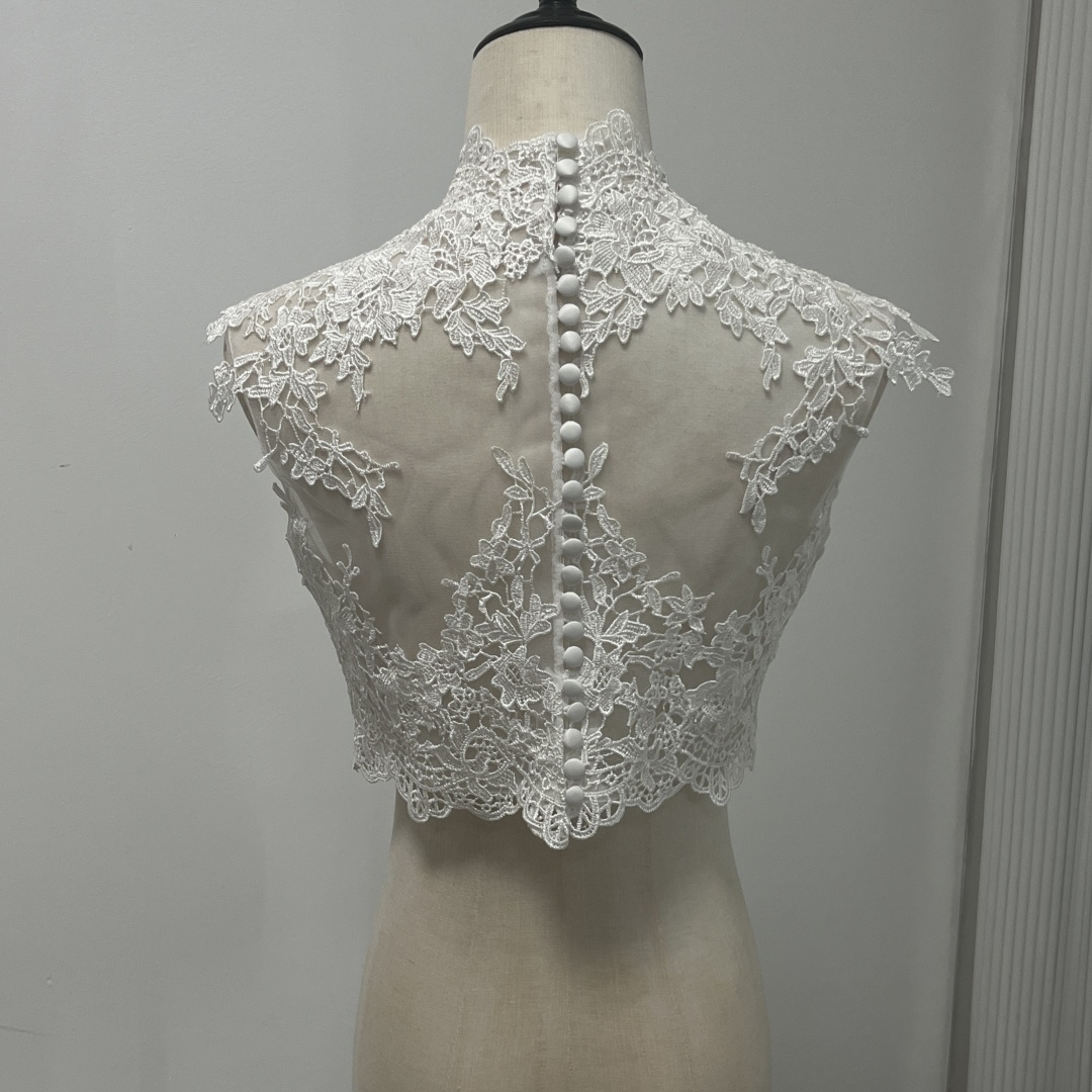 エレガント ボレロ ノースリーブ ハイネック くるみボタン 繊細レース 花嫁/ウェディングドレス