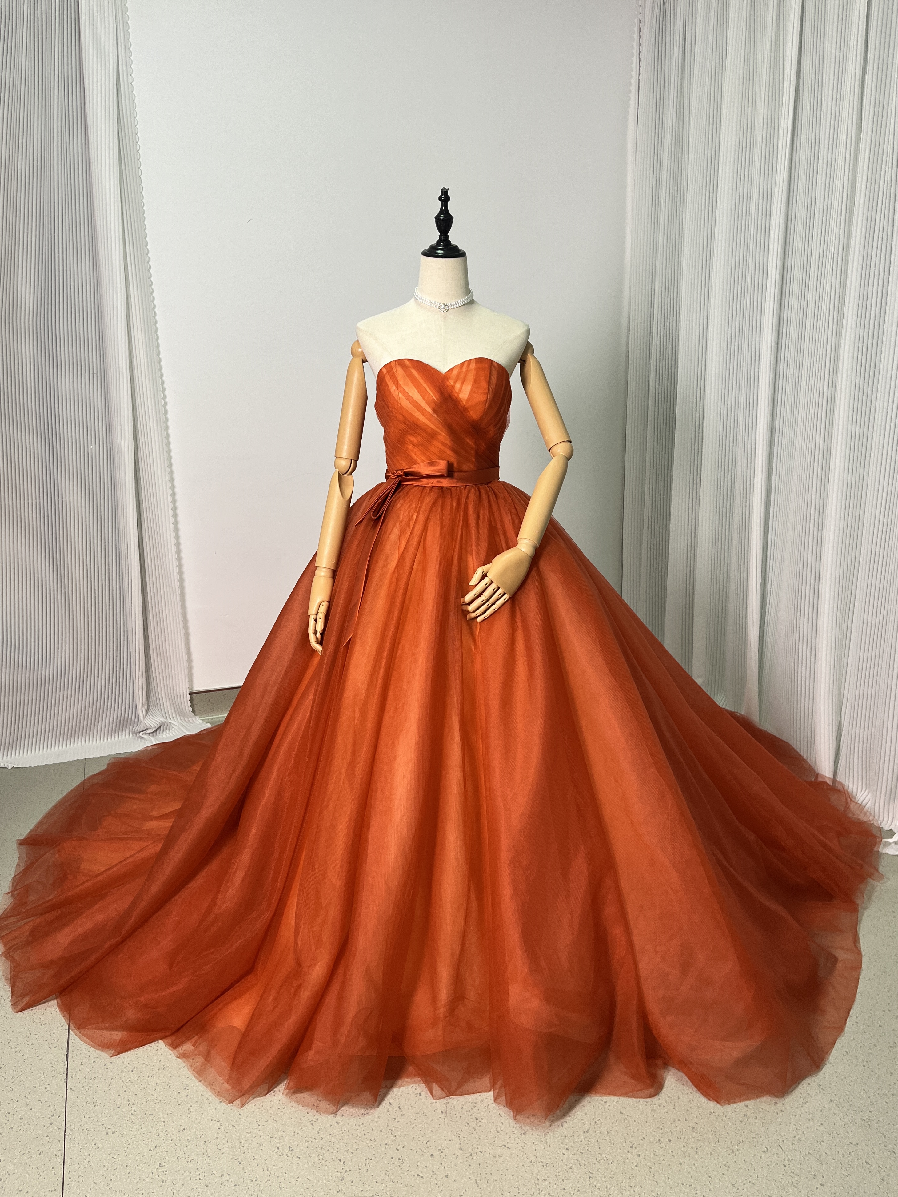 上品！オレンジ パーティードレス ベアトップ チュールスカート Aライン 花嫁/披露宴