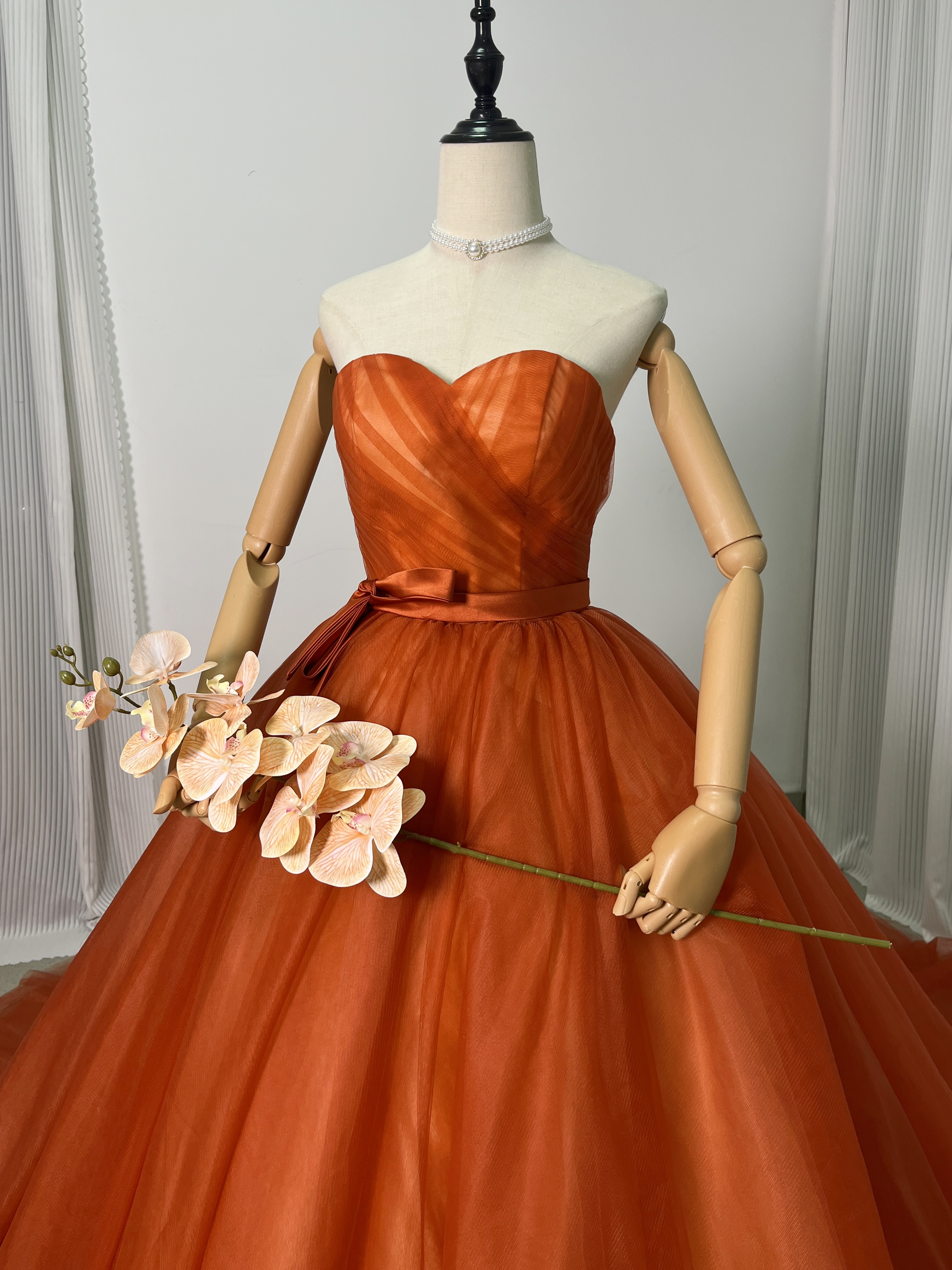 上品！オレンジ パーティードレス ベアトップ チュールスカート Aライン 花嫁/披露宴