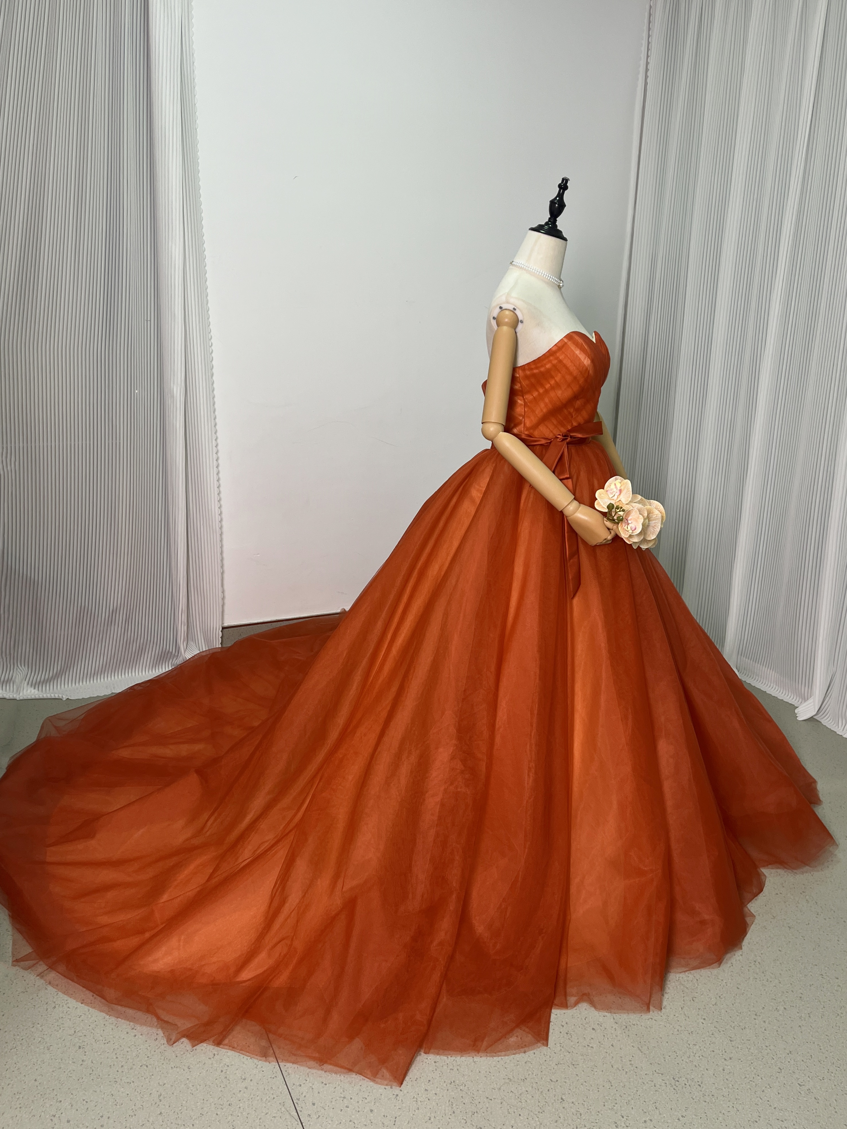 上品！オレンジ パーティードレス ベアトップ チュールスカート Aライン 花嫁/披露宴