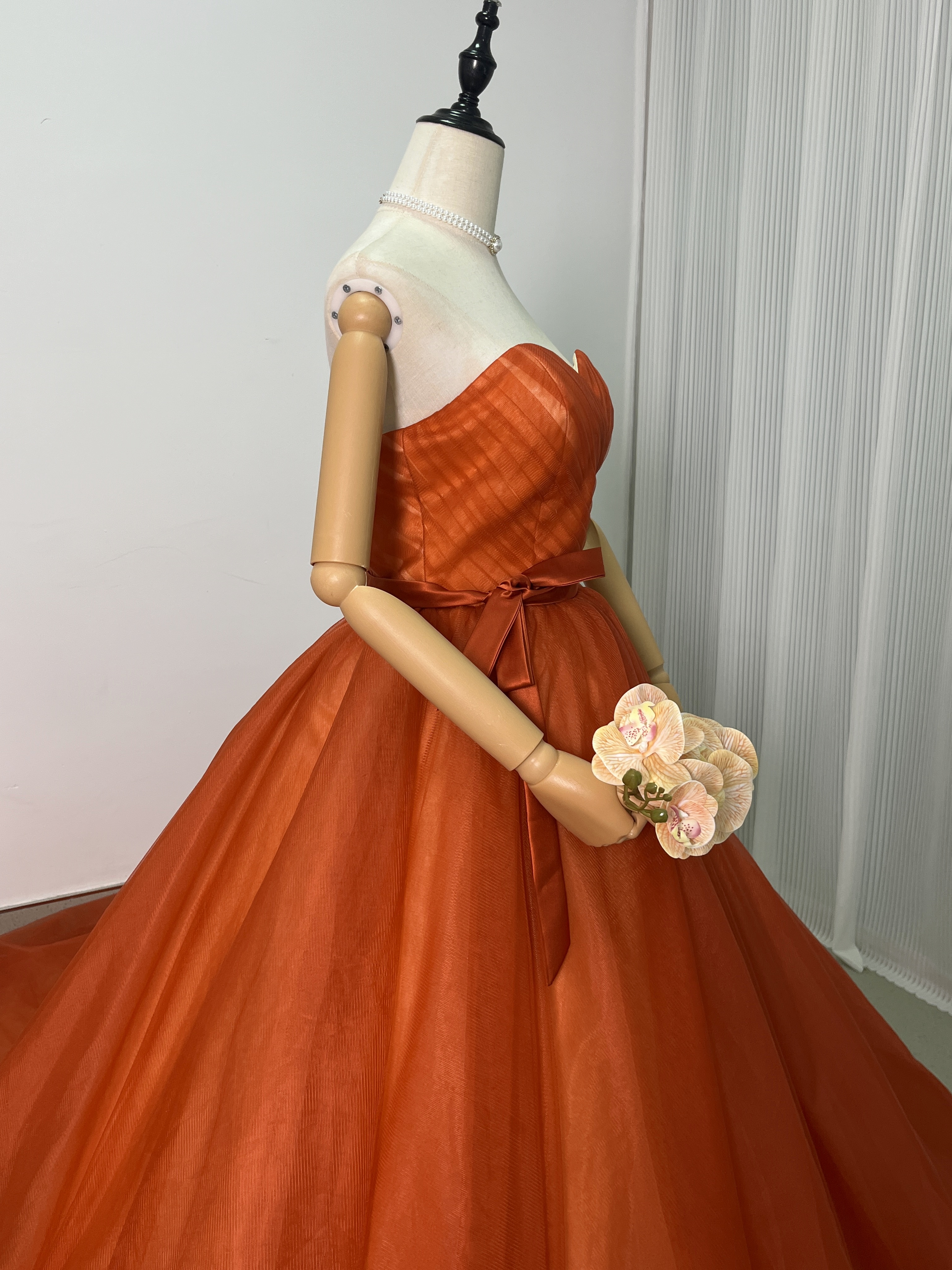 上品！オレンジ パーティードレス ベアトップ チュールスカート Aライン 花嫁/披露宴