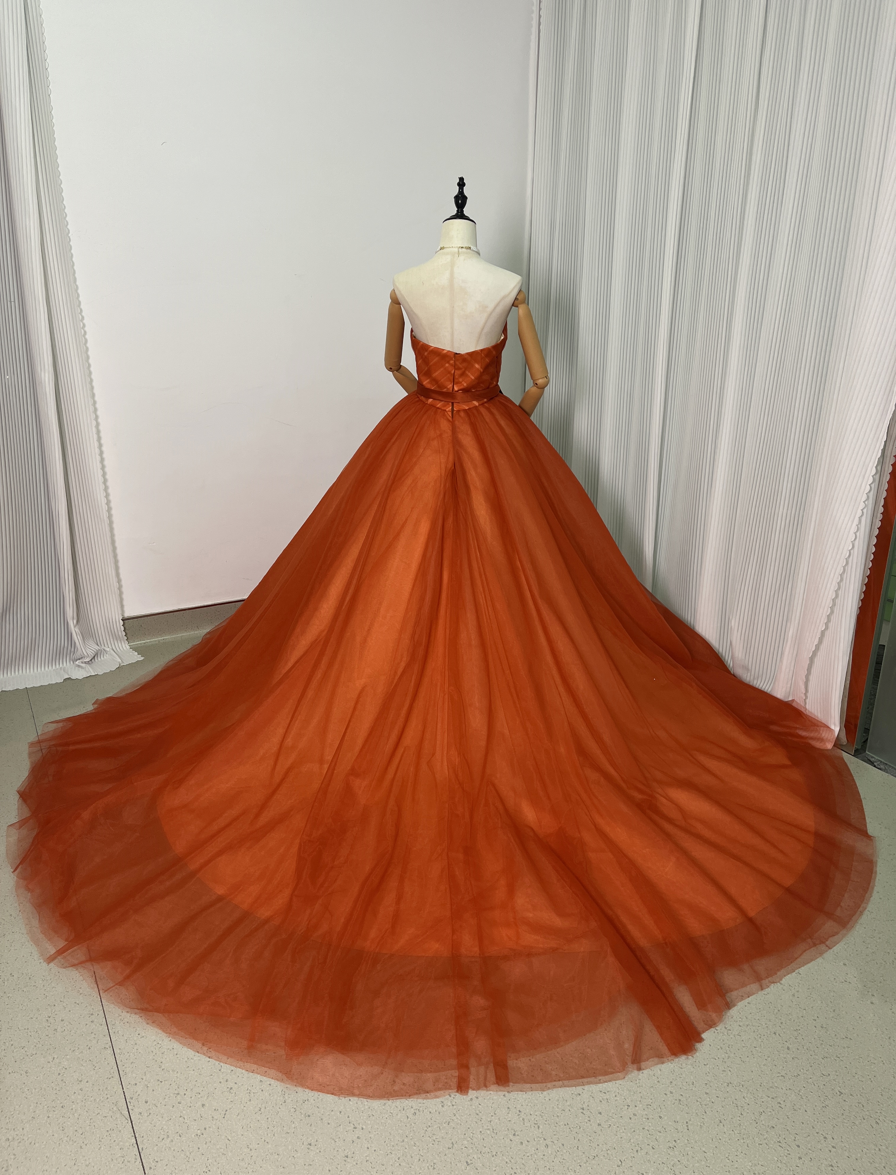 上品！オレンジ パーティードレス ベアトップ チュールスカート Aライン 花嫁/披露宴