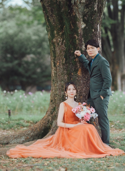 実例写真！カラードレス テラコッタ色 Vネック キャミソール チュールドレス 編み上げ 披露宴 前撮り 抜群のおしゃれ見