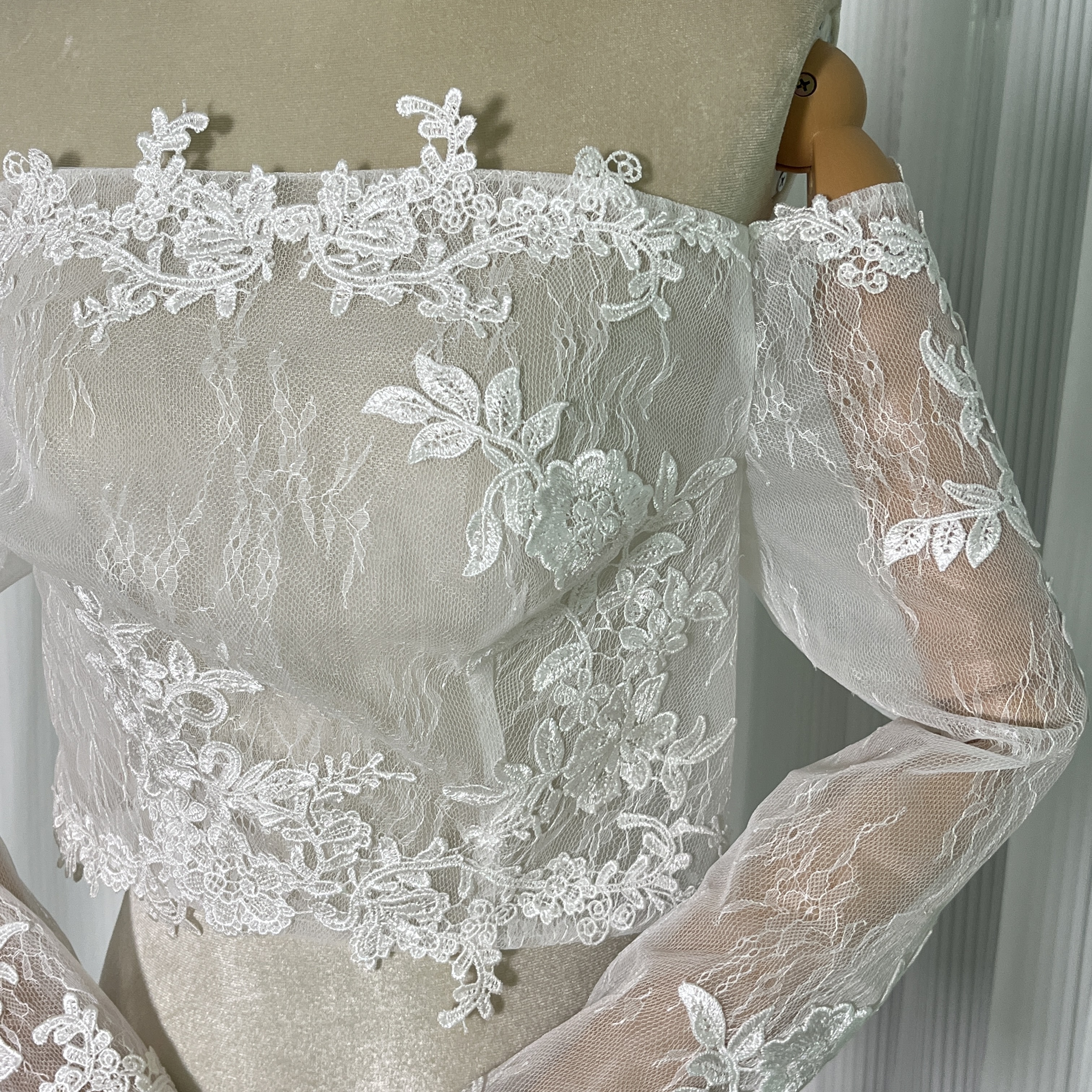 ボレロ オフショルダー ロングスリーブ 花モチーフ レース 編み上げ 花嫁/ウェディングドレス