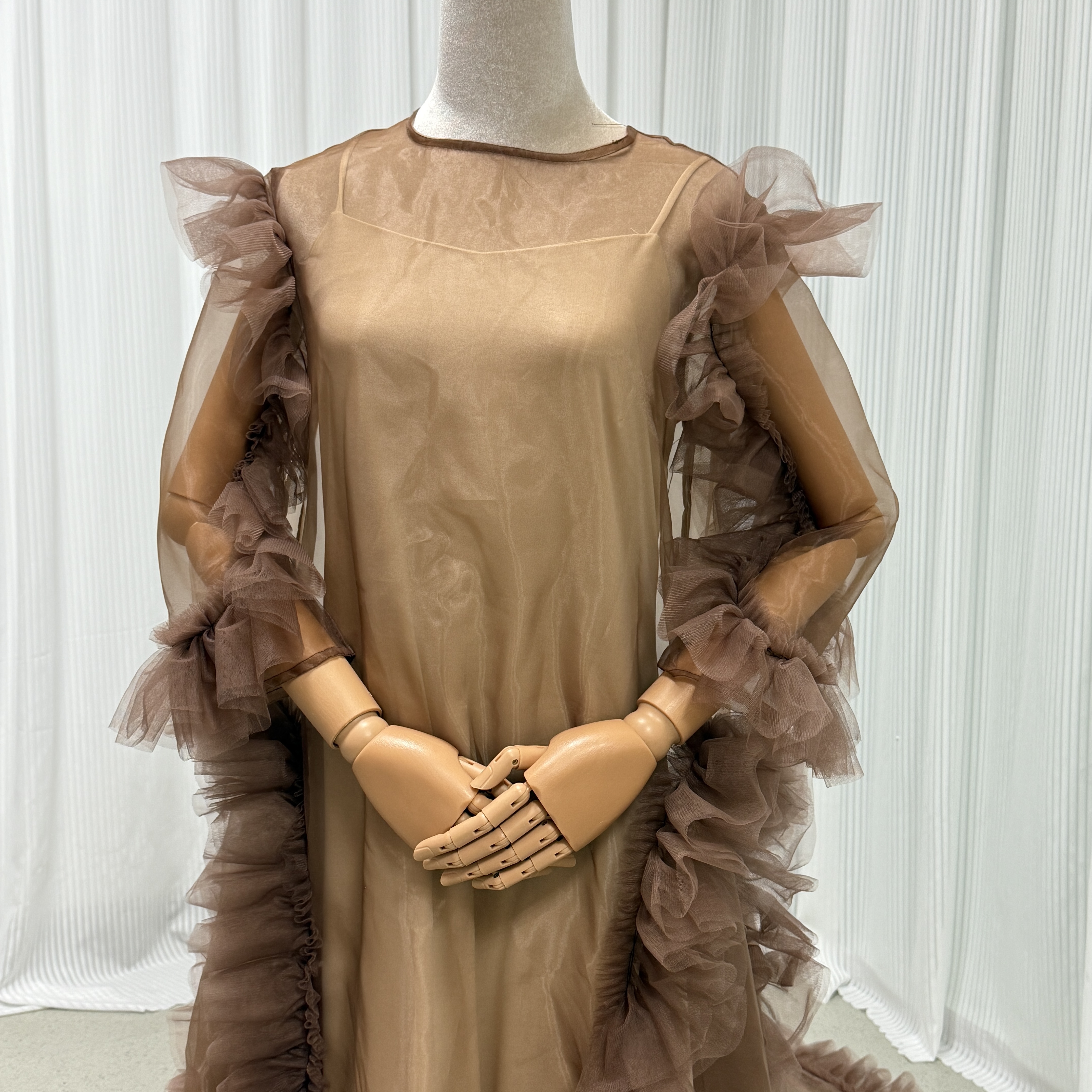 パーティードレス ブラウン オーバードレス+キャミソール ラッフルフリル 二次会 前撮り