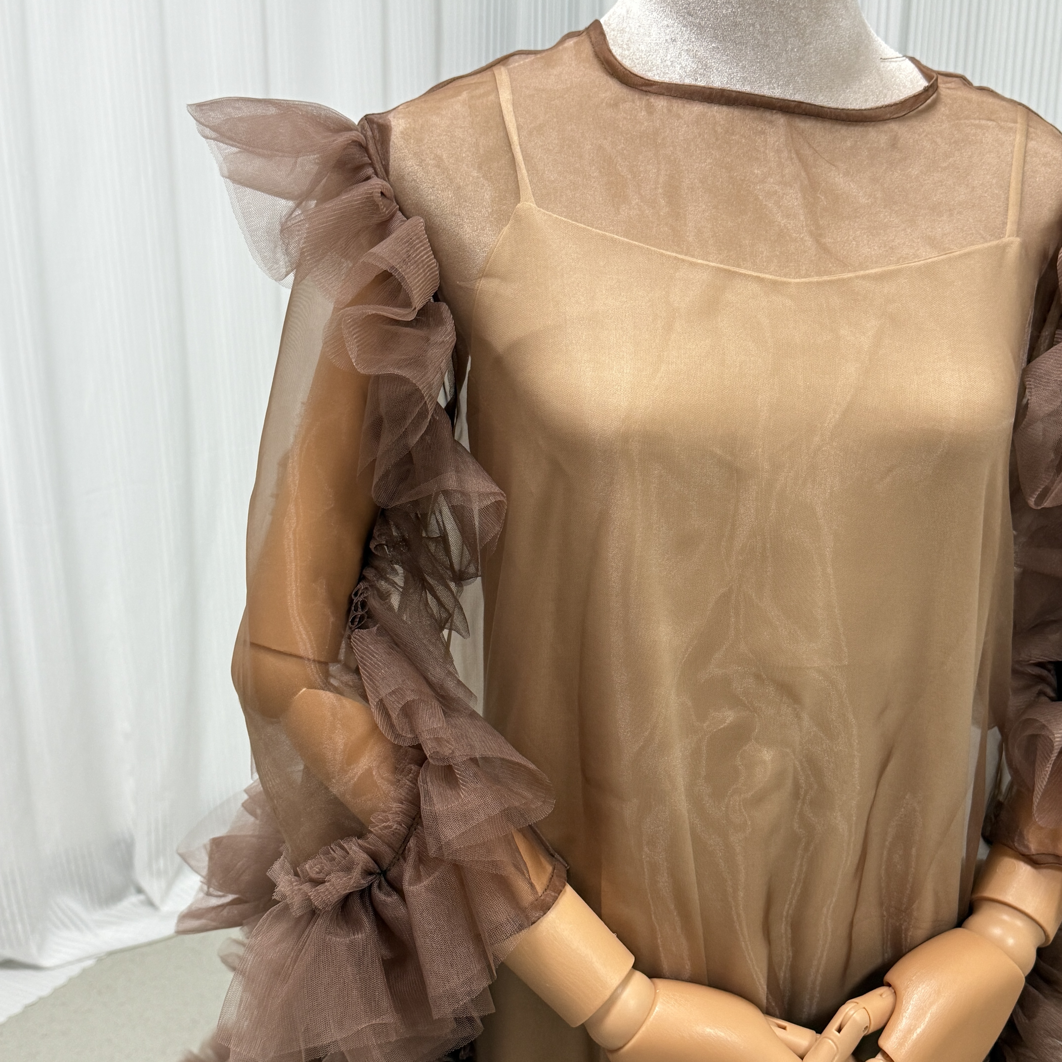 パーティードレス ブラウン オーバードレス+キャミソール ラッフルフリル 二次会 前撮り