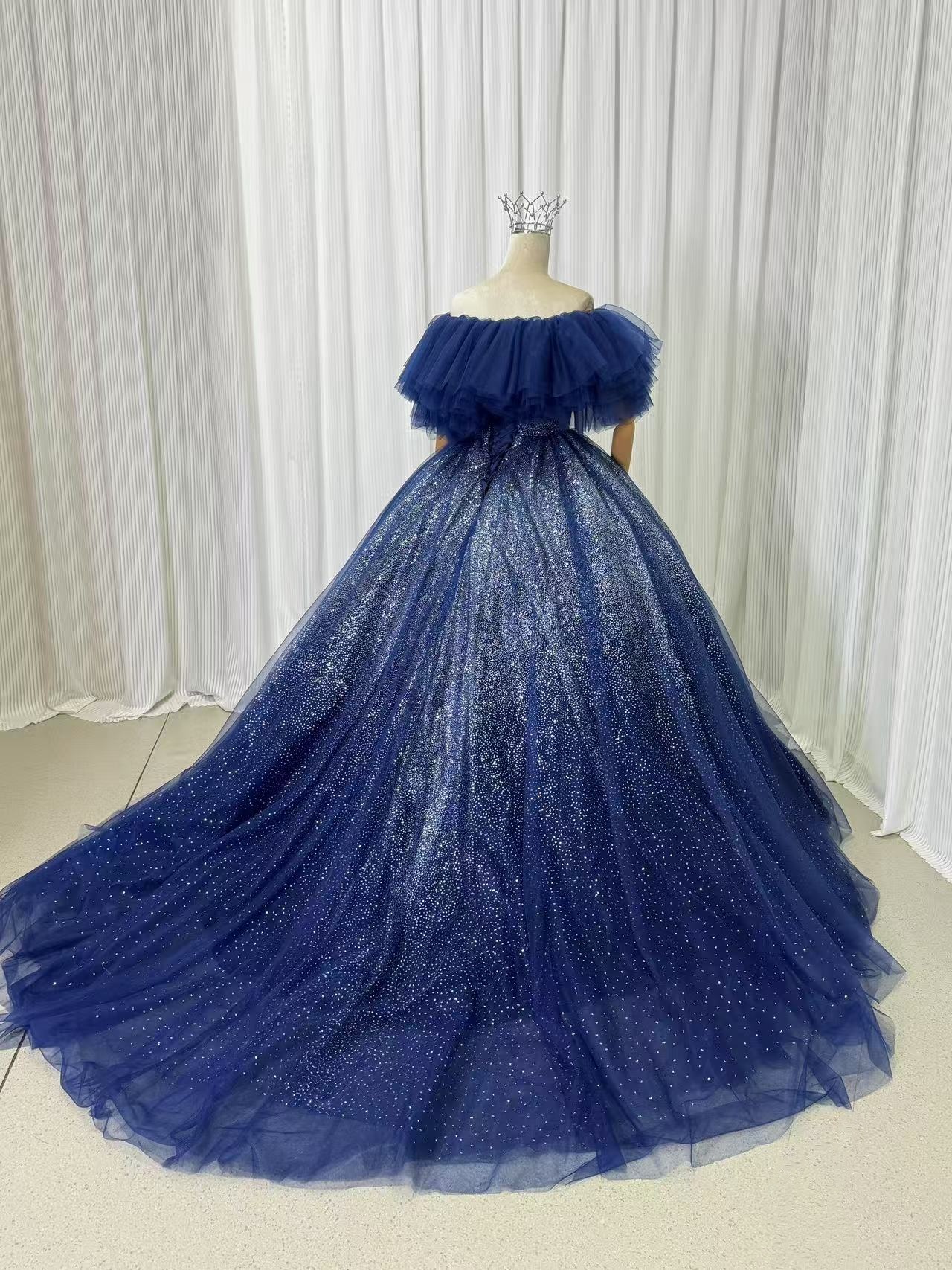 豪華！カラードレス ネイビー 取り外しオフショルダー 編み上げ キラキラグリッターチュール 前撮り